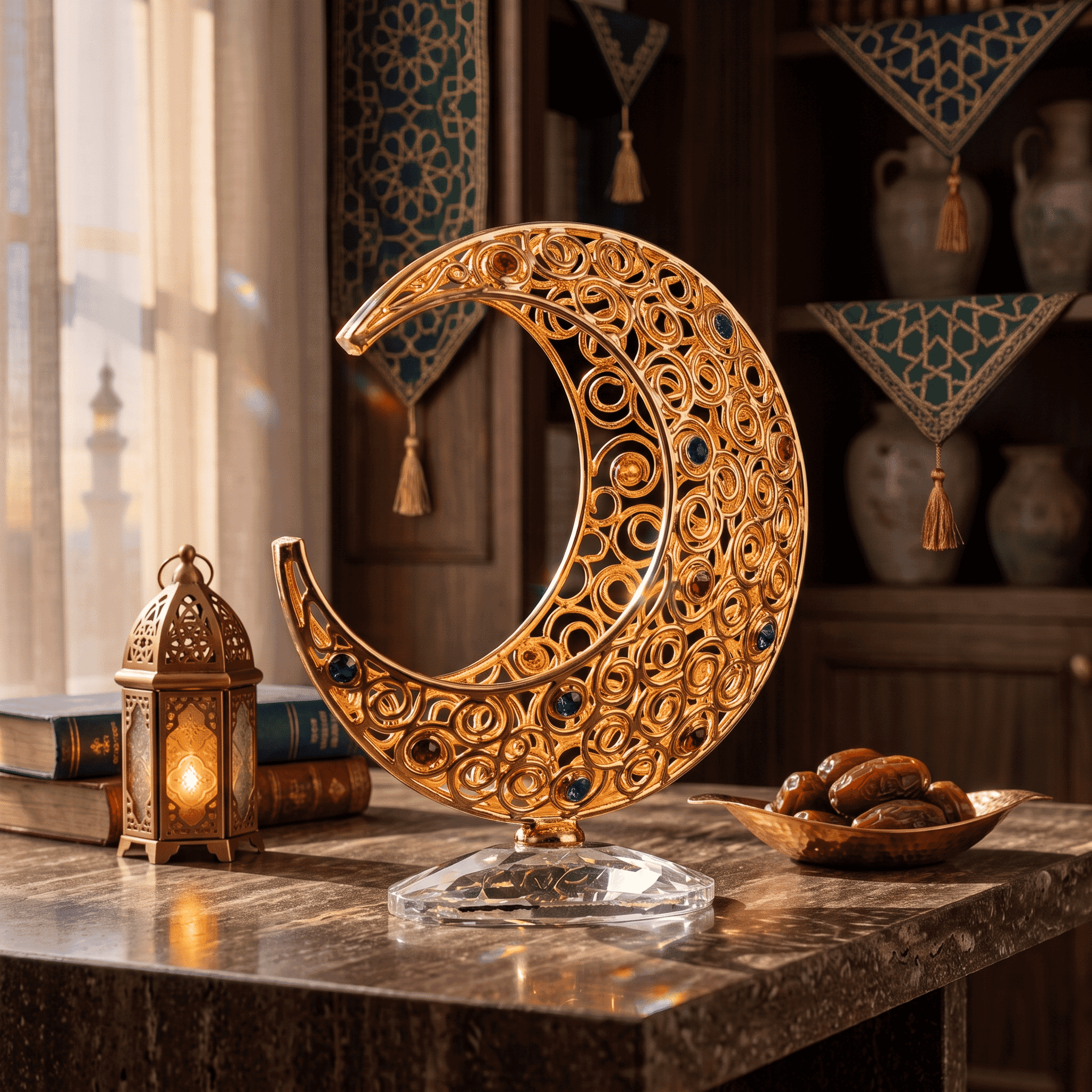 Asfour Crystal Golden Crescent – With Base – Gold – Satin – 11/4/13