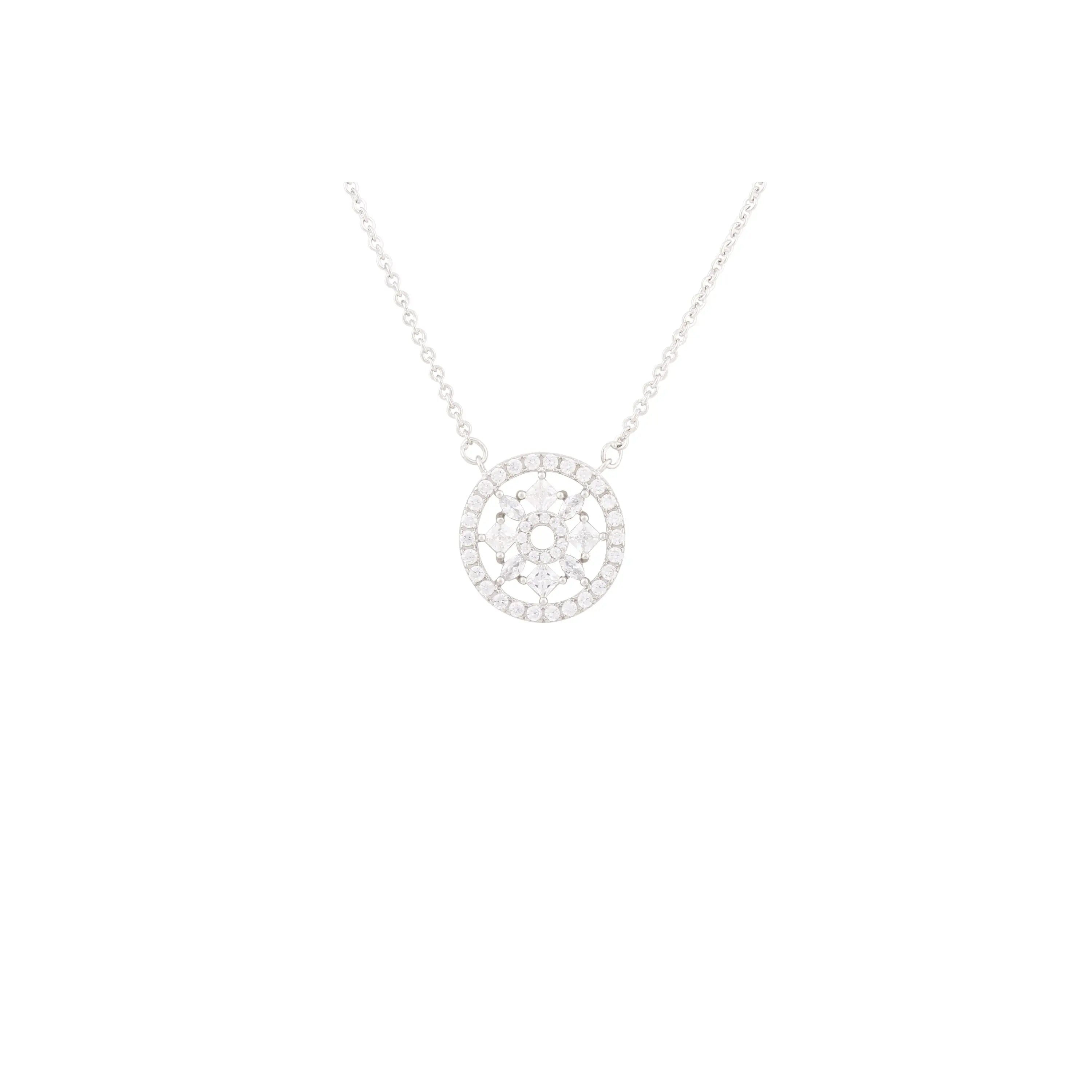 Asfour Chain Necklace Made Of 925 Sterling Silver With Pendant With Wheel Design Inlaid With Transparent Zircon Stones