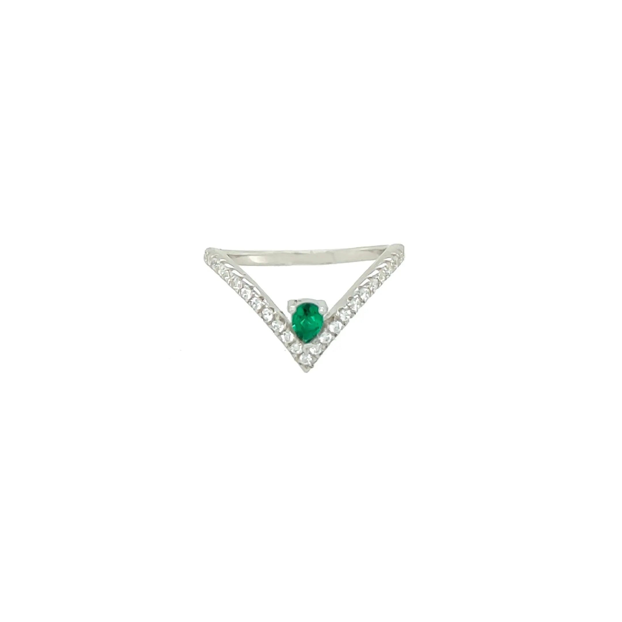 Asfour Crystal 925 Silver Triangle Shape With Green Crystal Lobe Ring - Silver