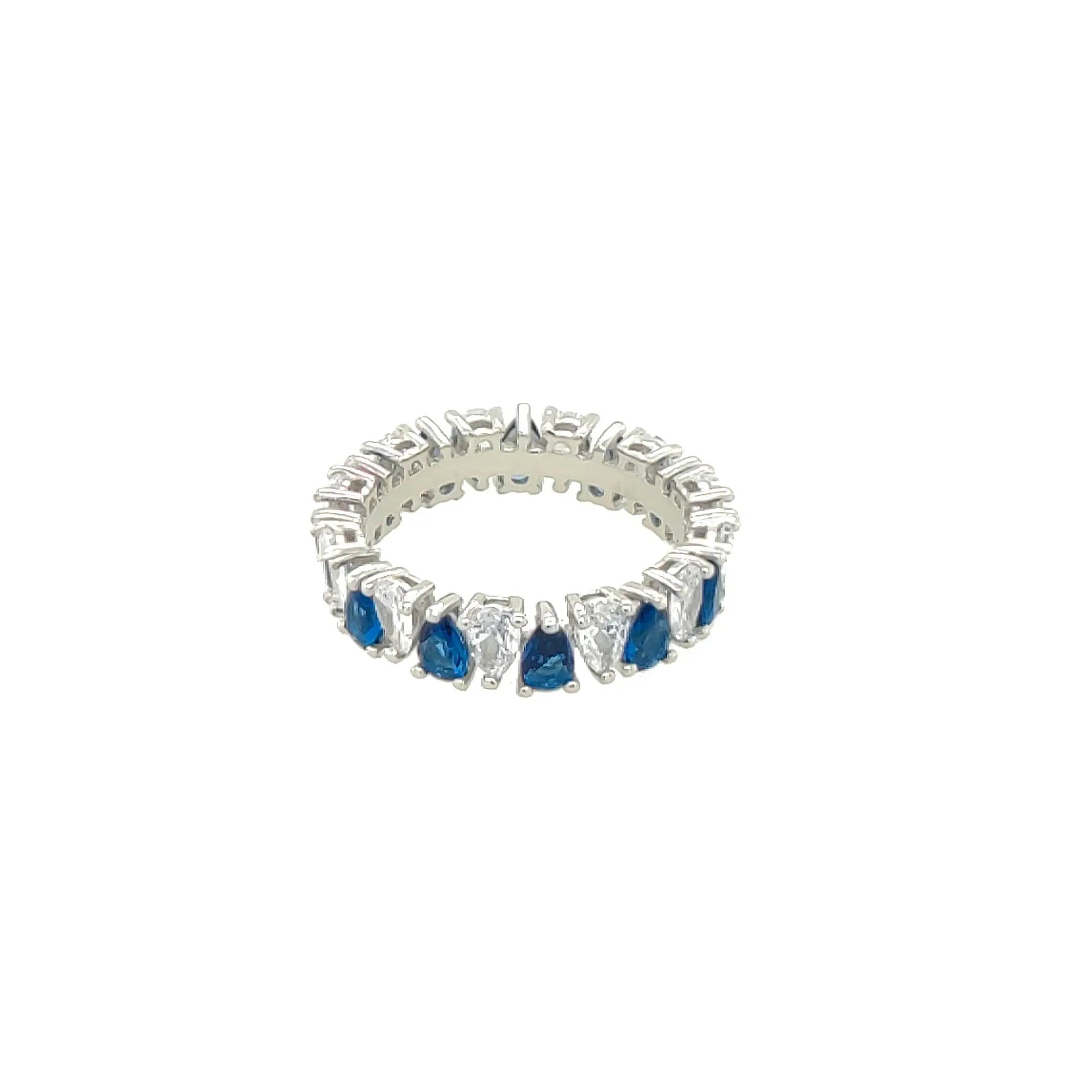 Asfour Crystal 925 Silver With Blue & Clear Crystal Lobes Ring - Silver Size 7