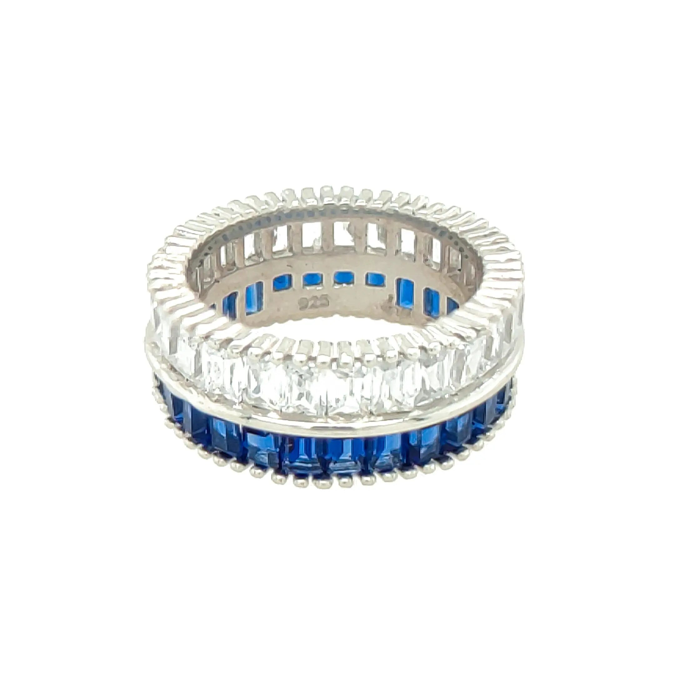 Asfour Crystal 925 Silver With Blue & Clear Crystal Lobes Ring - Silver Size 8