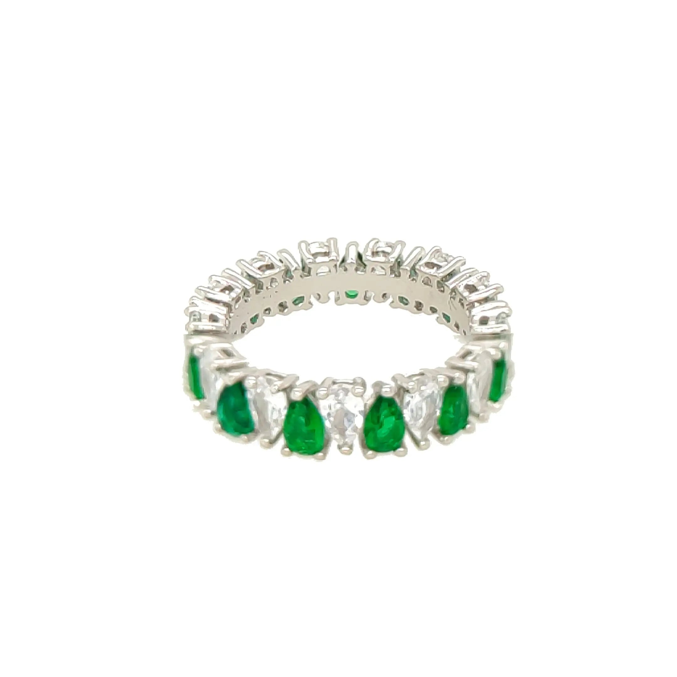 Asfour Crystal 925 Silver With Green & Clear Crystal Lobes Ring - Silver Size 7