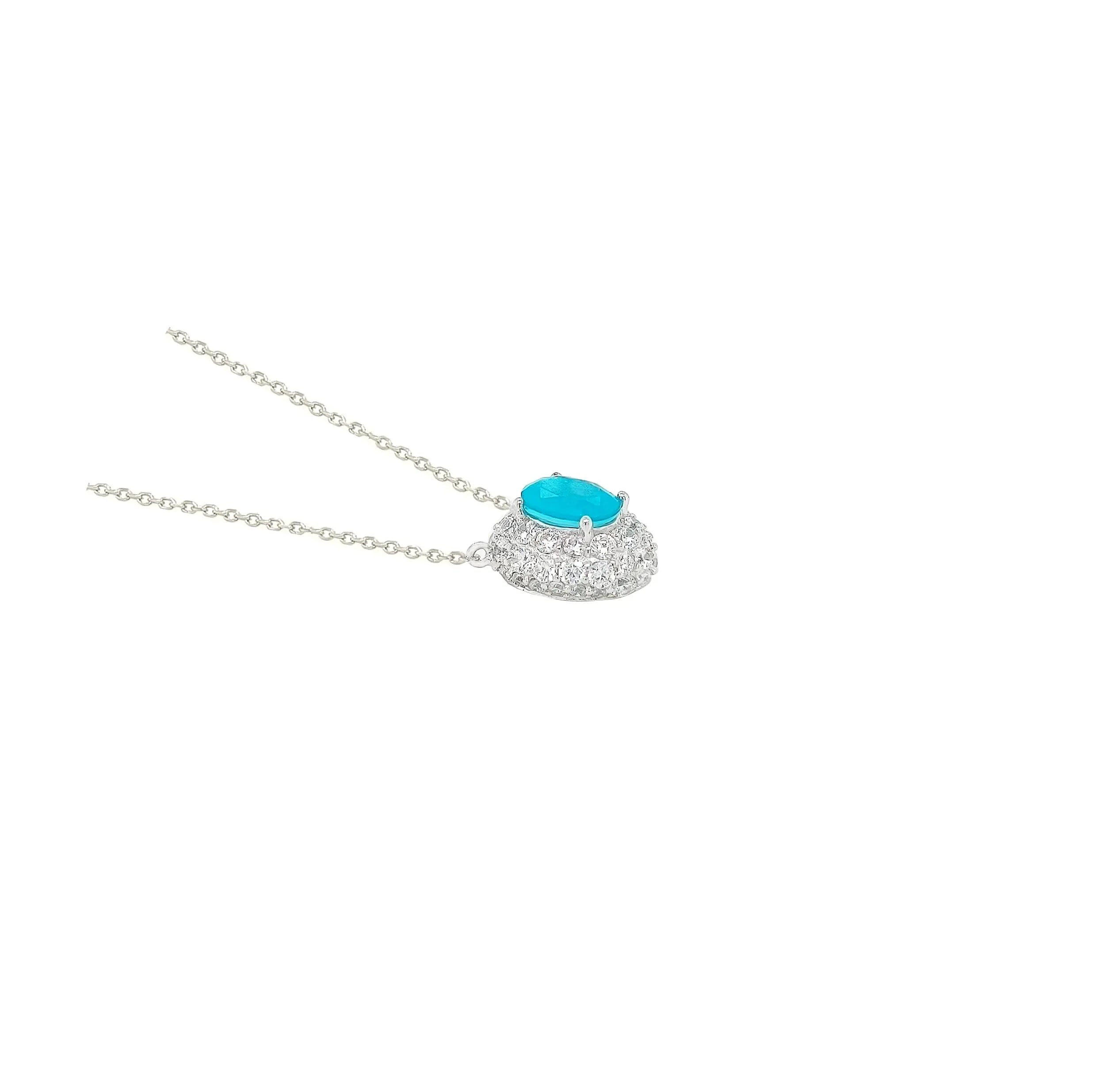 Asfour Crystal Necklaces With Clear & Aqua Zircon NK0024-M-Silver