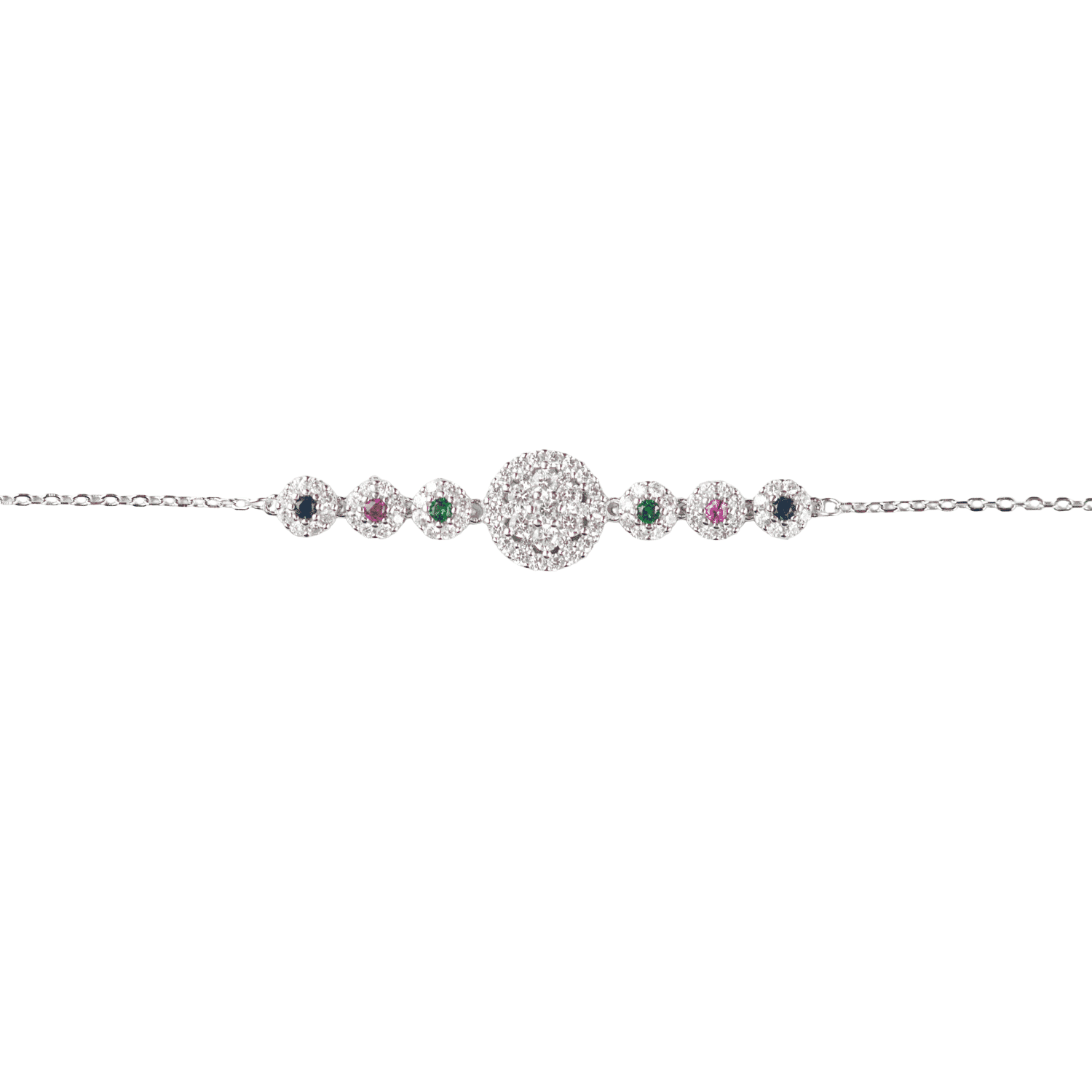 Asfour Zircon Rounded Shape 925 Sterling Silver Braclet,Clear+ Green+Fuschia