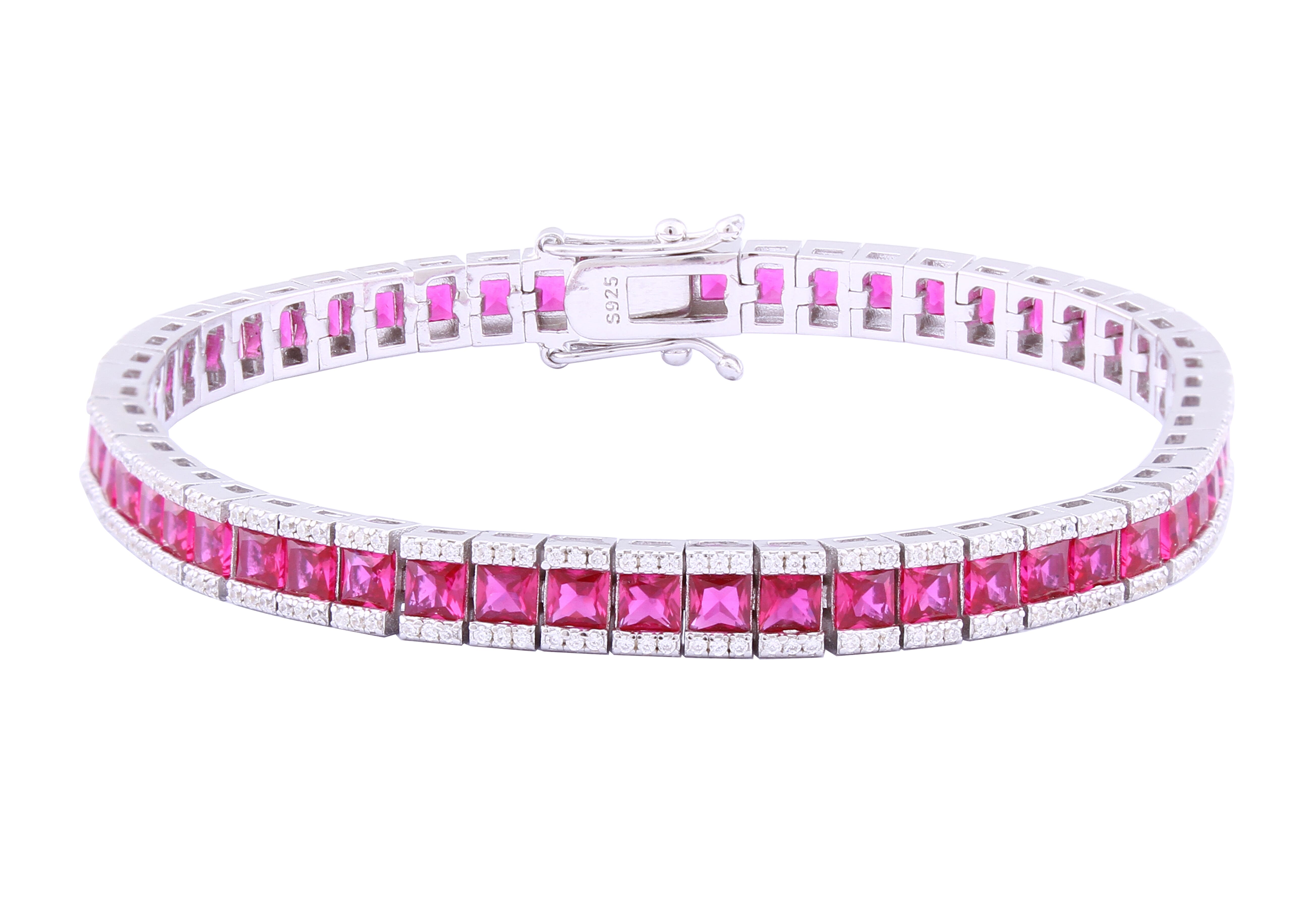Asfour Crystal Tennis Bracelet With Fuchsia Zircon Stones In 925 Sterling Silver BD0047-F