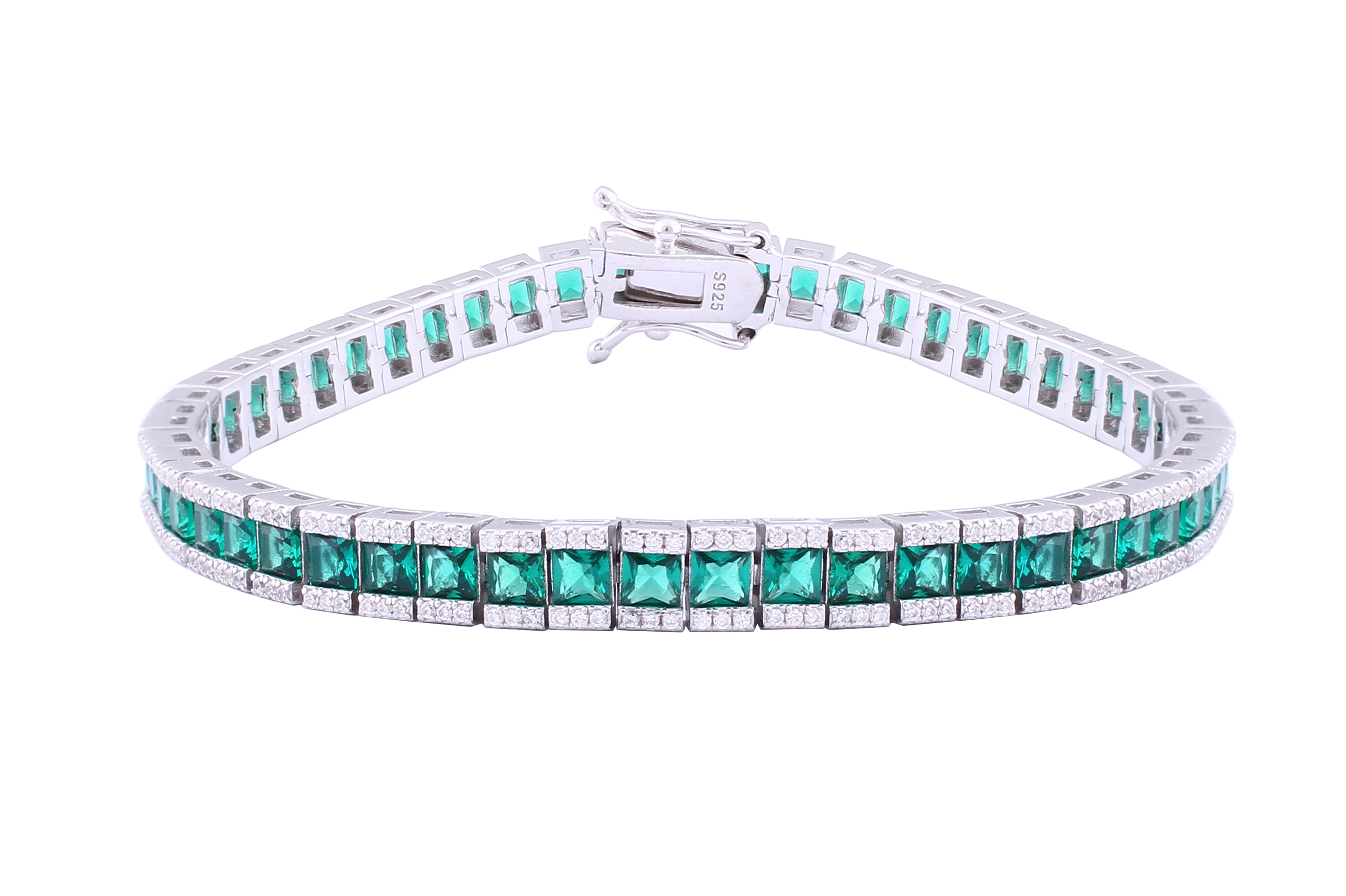 Asfour Crystal Tennis Bracelet With Emerald Zircon Stones In 925 Sterling Silver BD0047-G