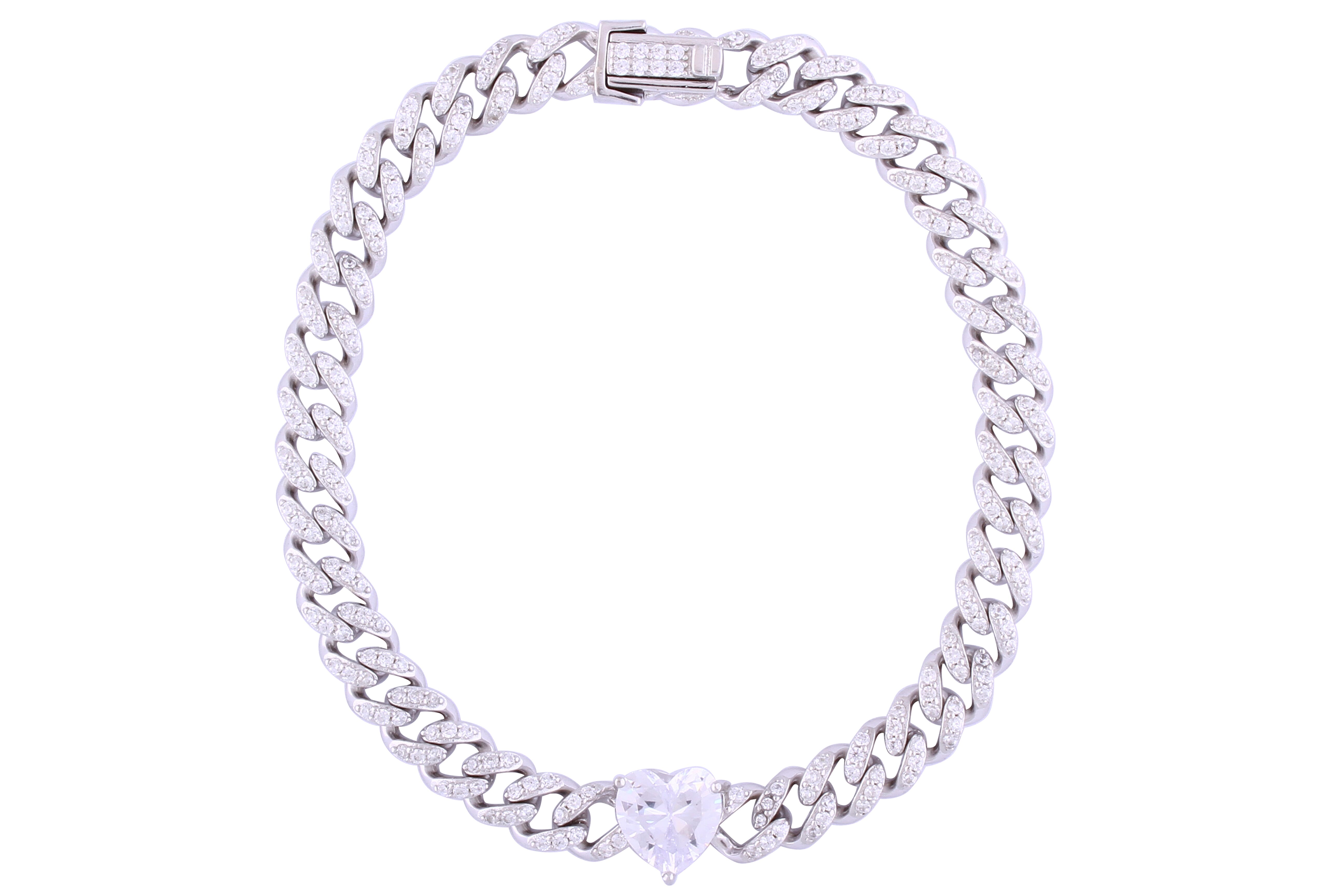 Asfour Crystal Cuban Chain Bracelet With Heart Design In 925 Sterling Silver BD0055-W