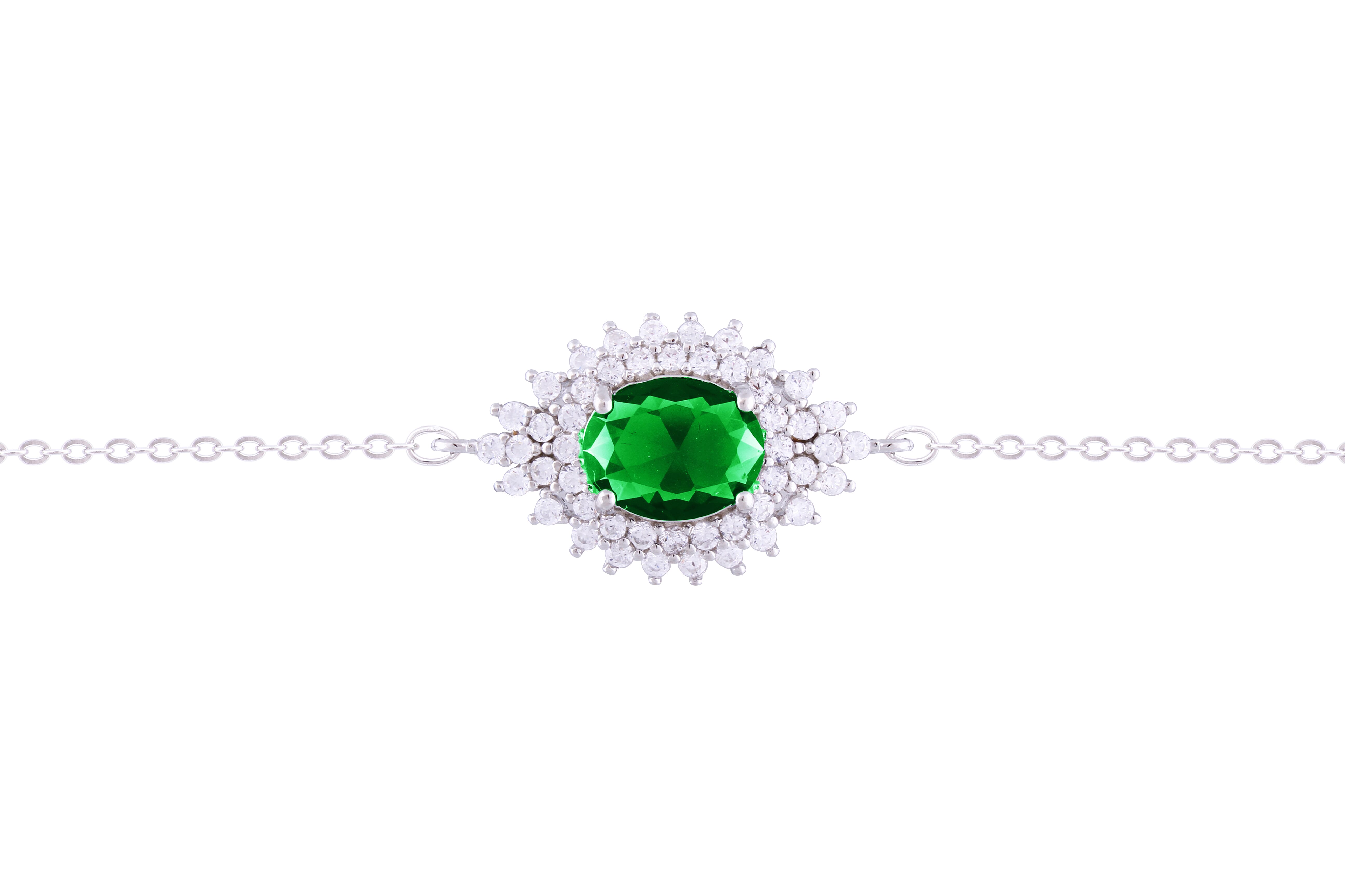 Asfour Crystal Chain Bracelet With Emerald Oval Zircon Stone In 925 Sterling Silver BD0099-WG