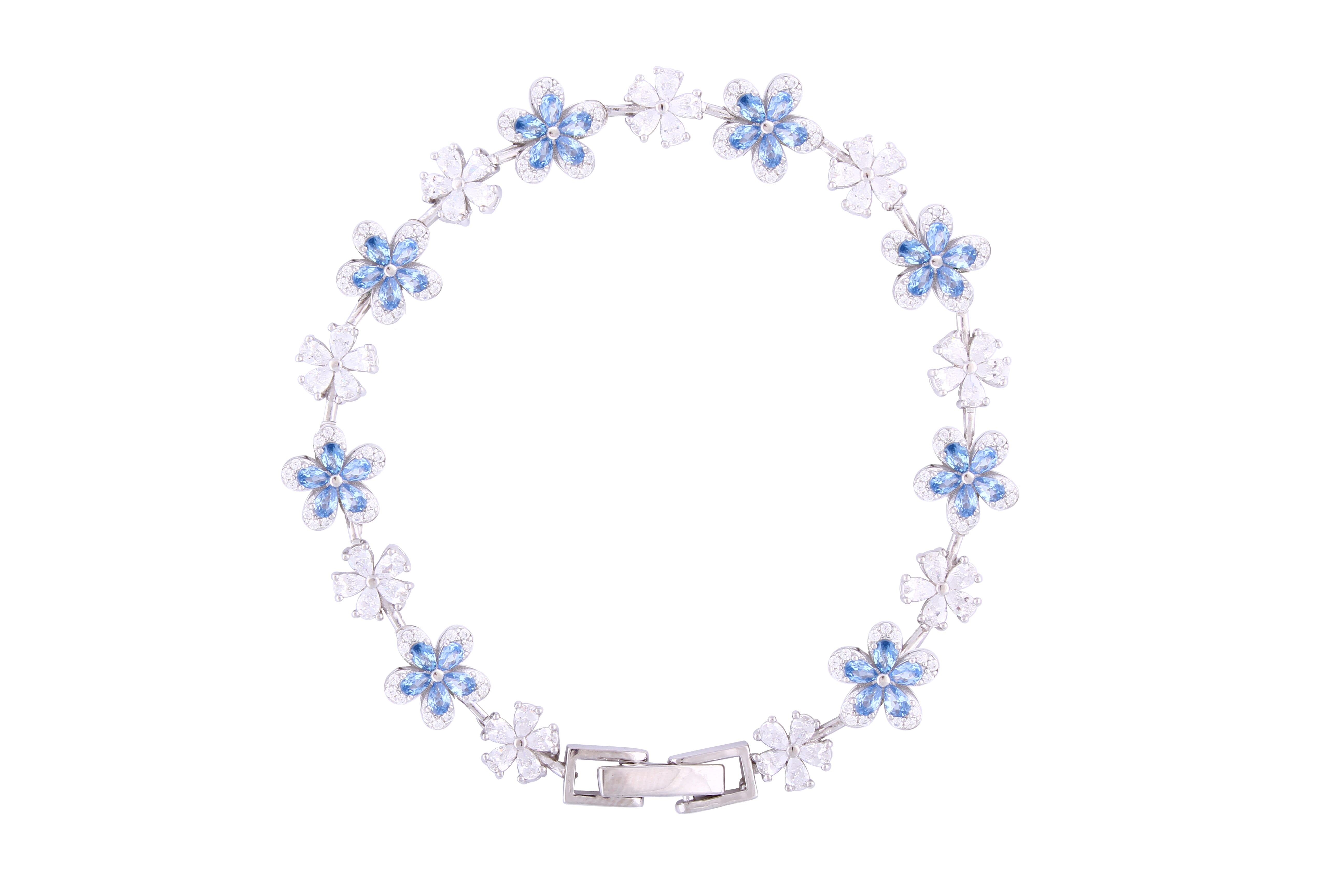 Asfour Crystal Tennis Bracelet With Light Blue Flower Design In 925 Sterling Silver