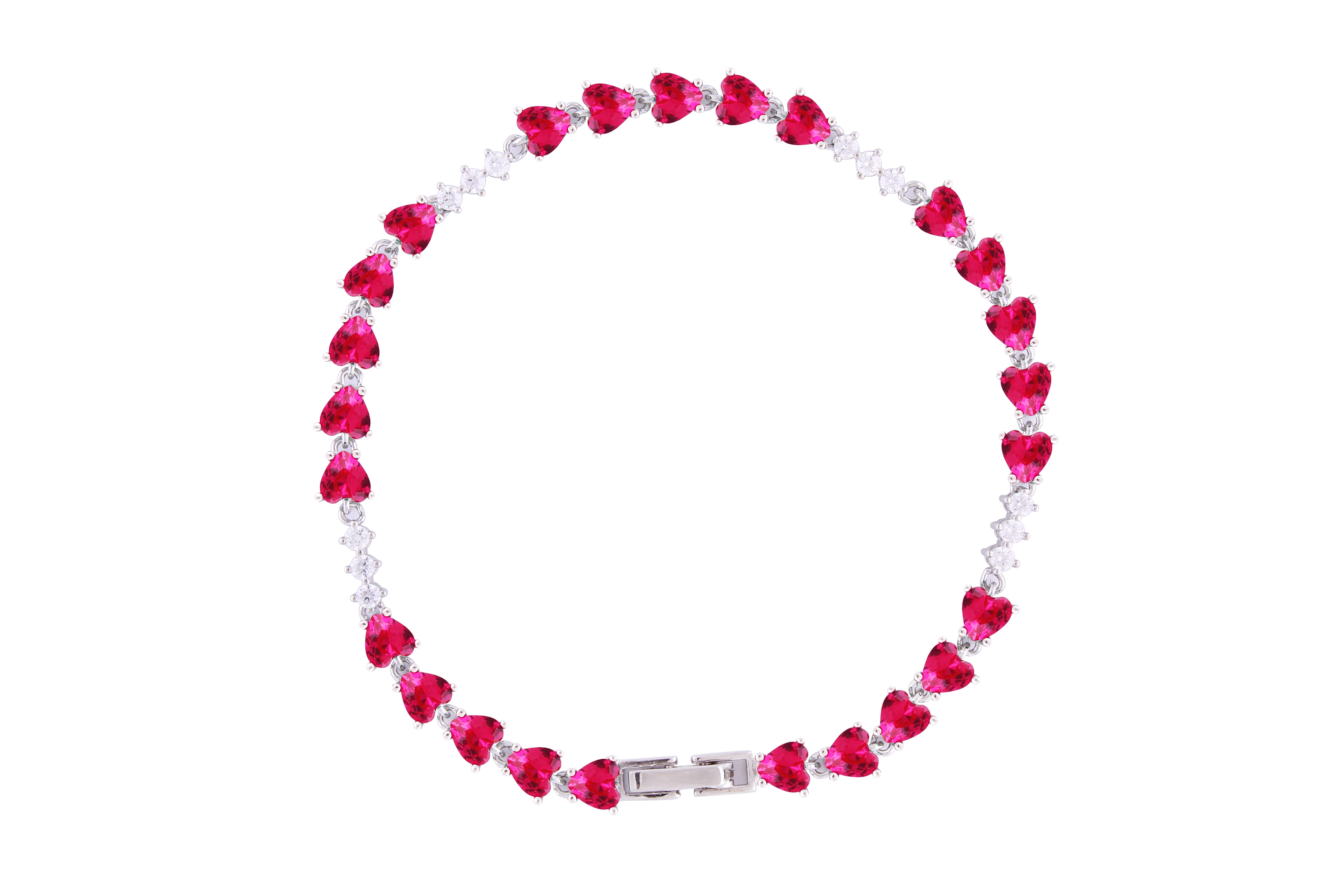 Asfour Crystal Tennis Bracelet With Fuchsia Heart Cut Zircon Stones In 925 Sterling Silver