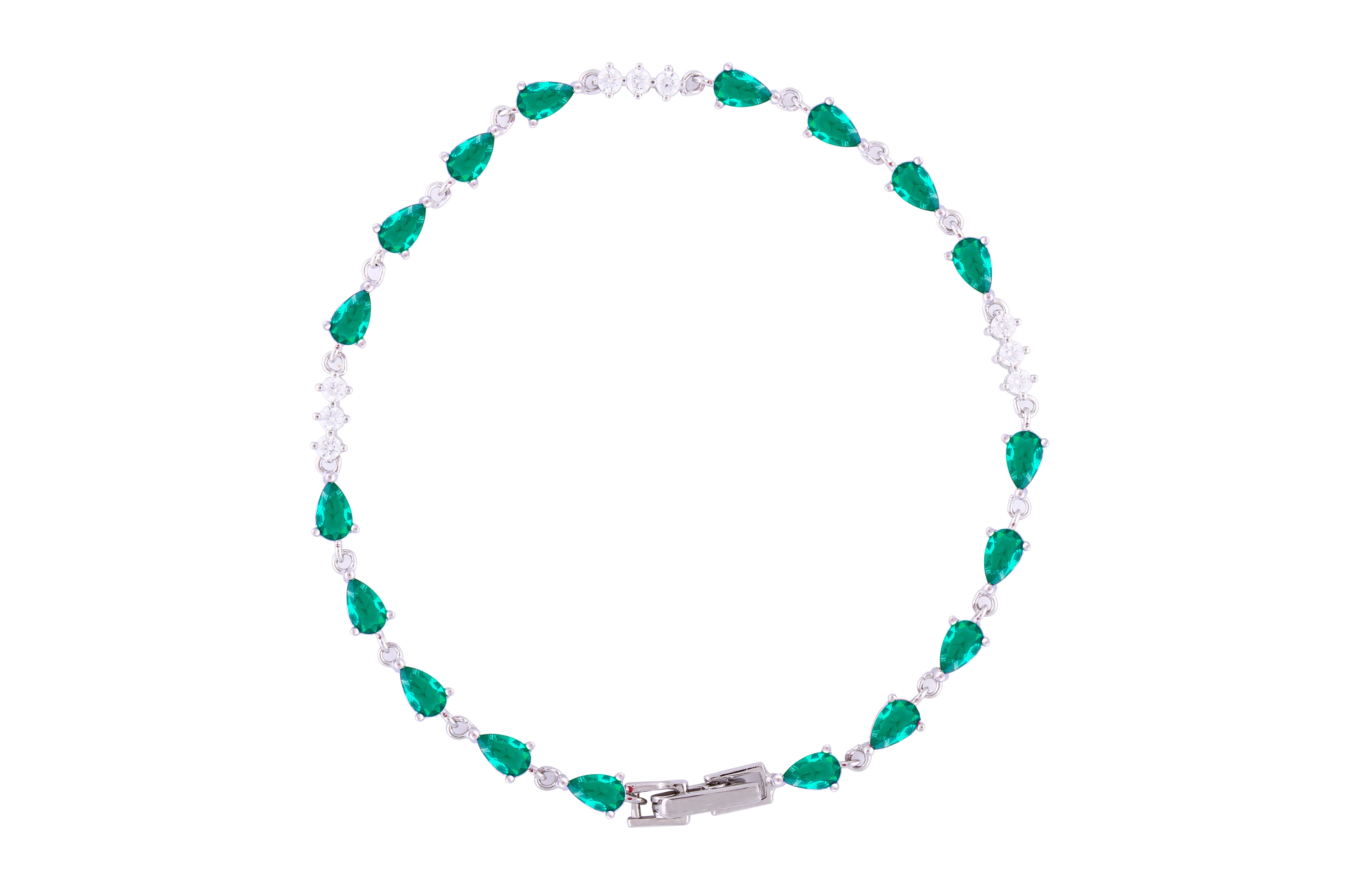 Asfour Crystal Tennis Bracelet With Emerald Pear Cut Zircon Stones In 925 Sterling Silver