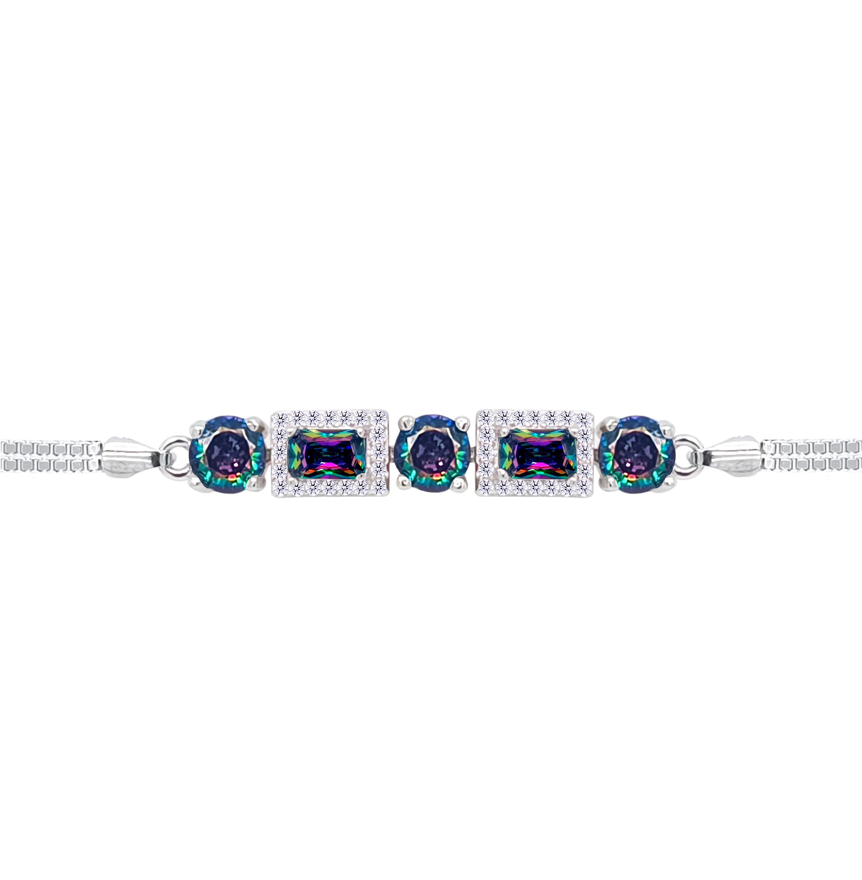 Asfour Crystal Tennis Bracelet With Turquoise Pear & Emerald Zircon In 925 Sterling Silver