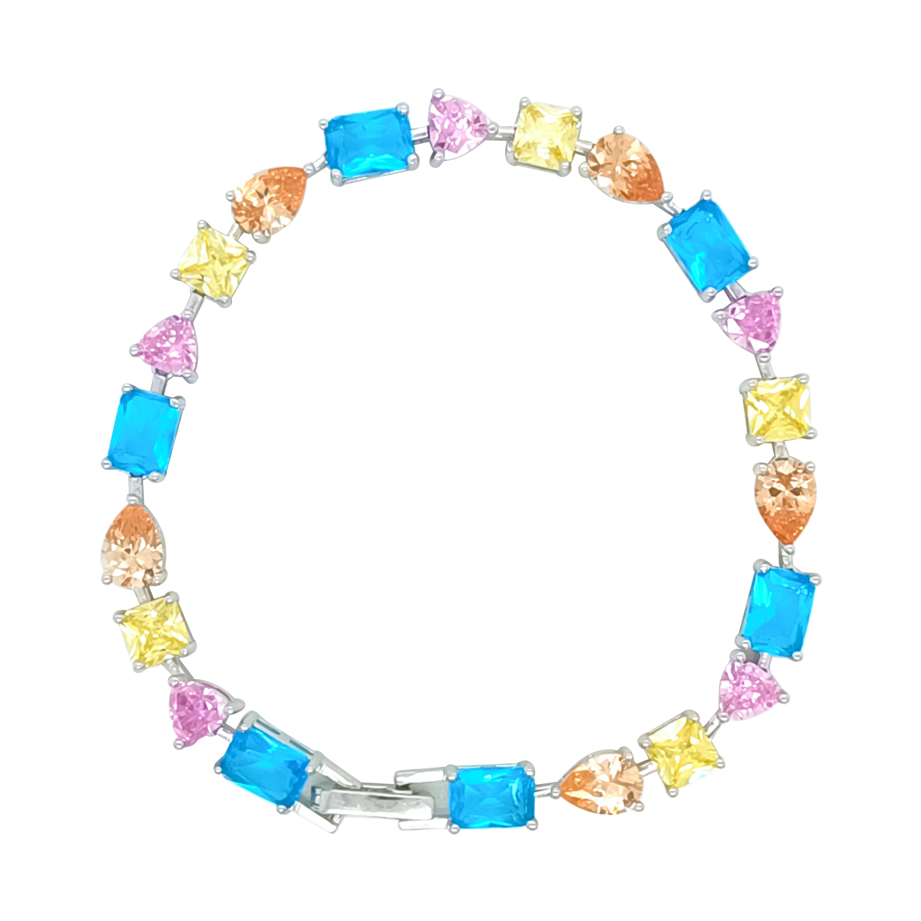 Asfour Crystal Tennis Bracelet With Turquoise Pear & Emerald Zircon In 925 Sterling Silver