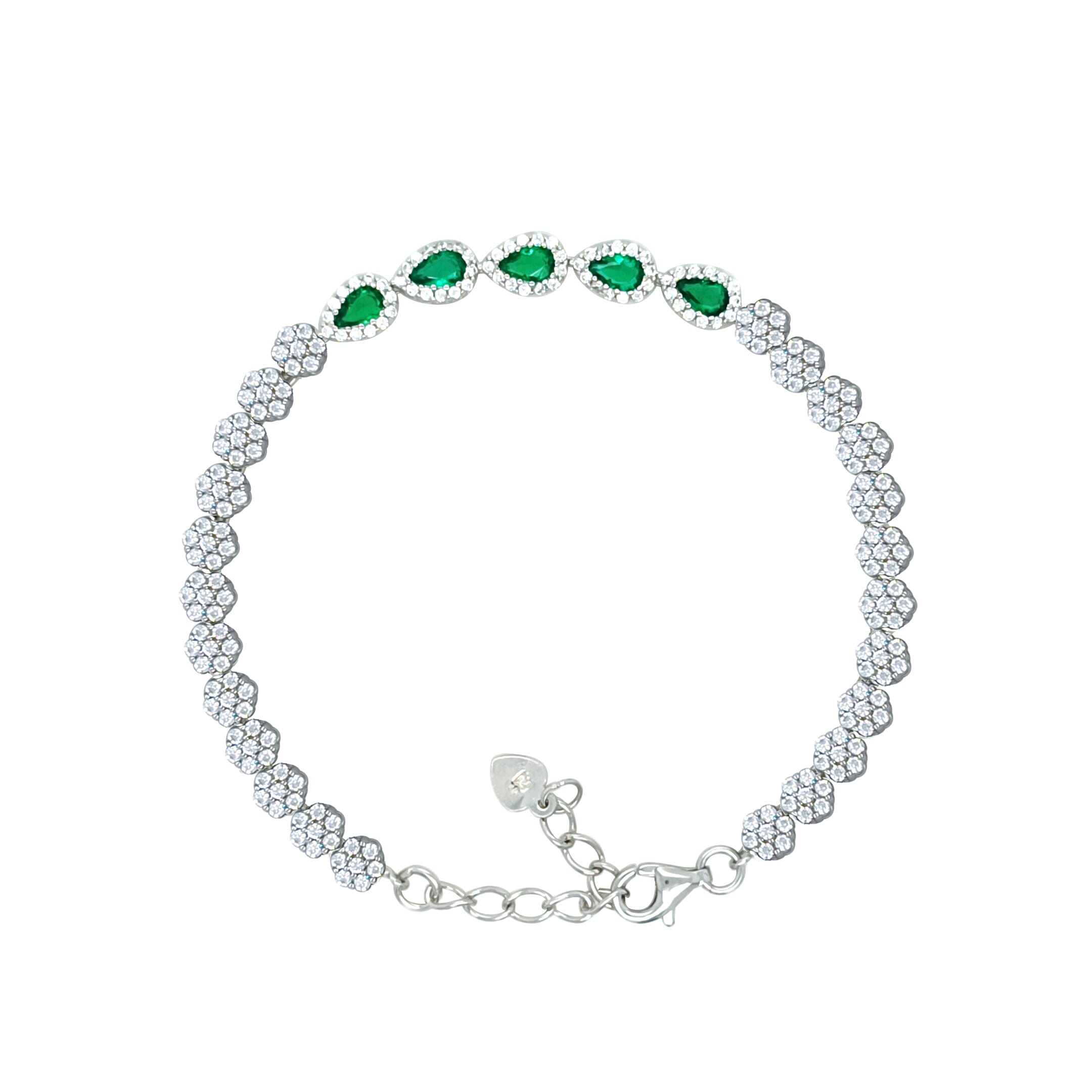 Asfour Crystal Tennis Bracelet With Turquoise Pear & Emerald Zircon In 925 Sterling Silver