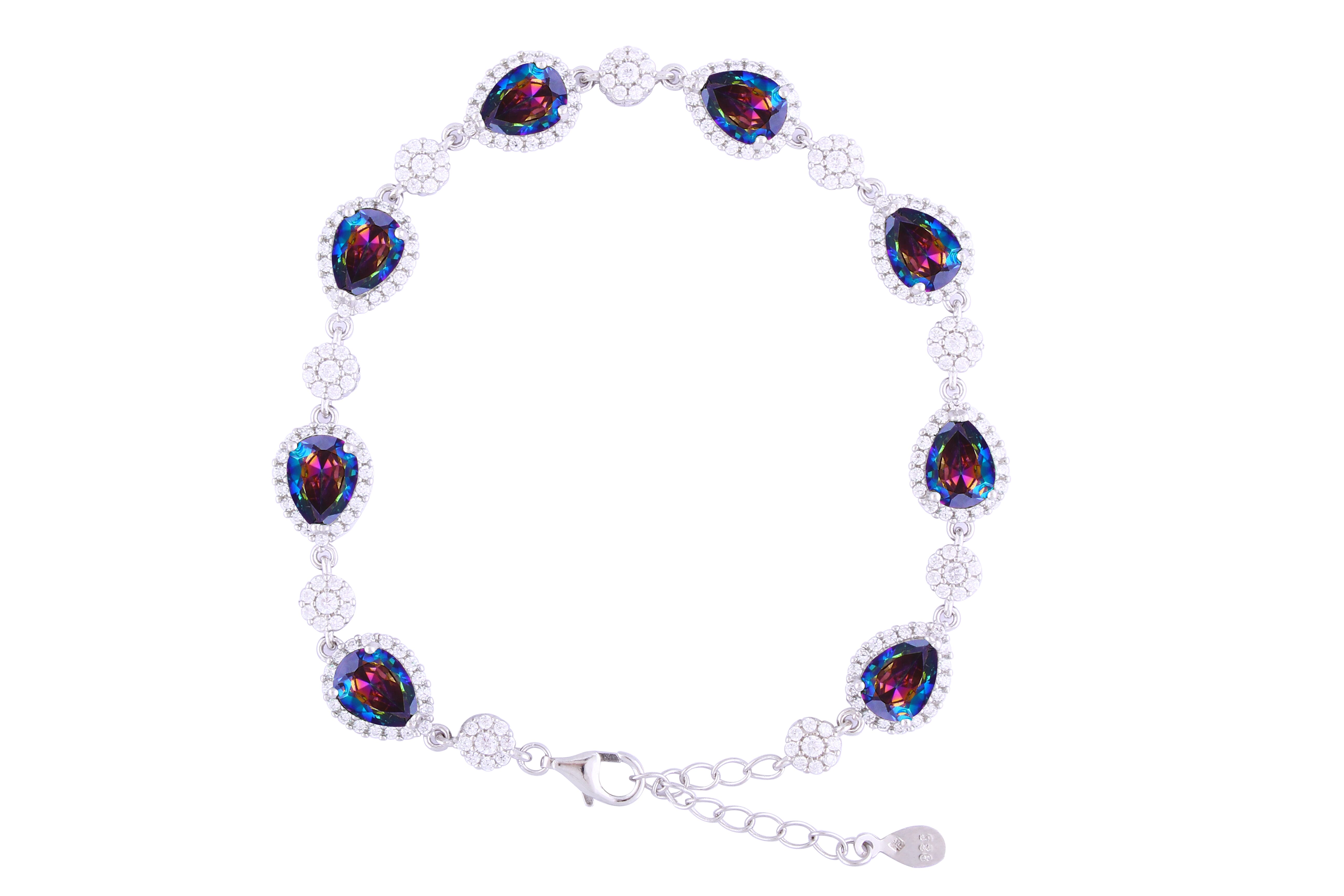 Asfour Crystal Tennis Bracelet With Turquoise Pear & Emerald Zircon In 925 Sterling Silver