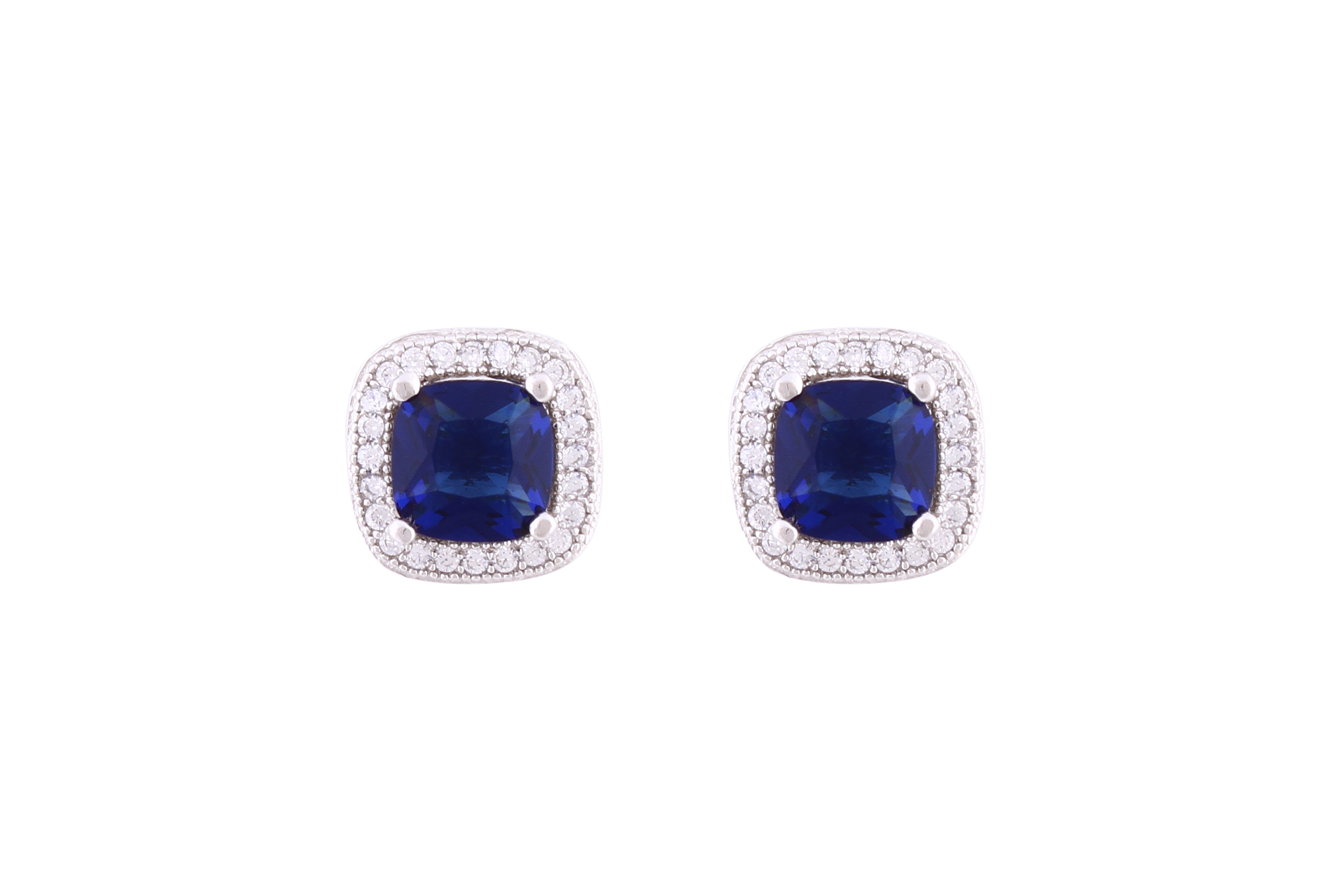Asfour Crystal Stud Earrings With Cushion Cut Blue Zircon Stone In 925 Sterling Silver ED0036-B