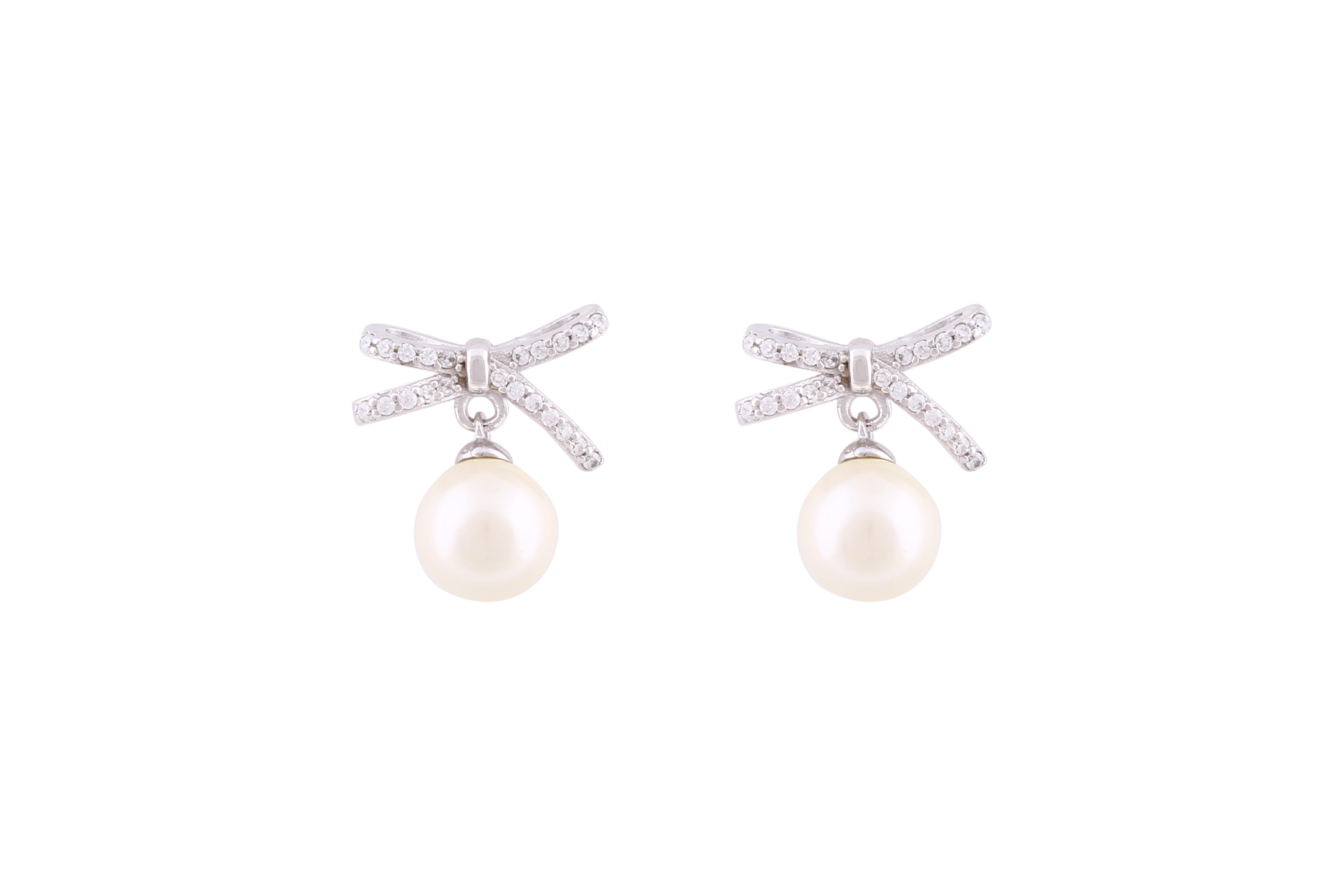 Asfour Crystal Stud Earrings With Bowknot Shape Inlaid With Pearl In 925 Sterling Silver ED0076