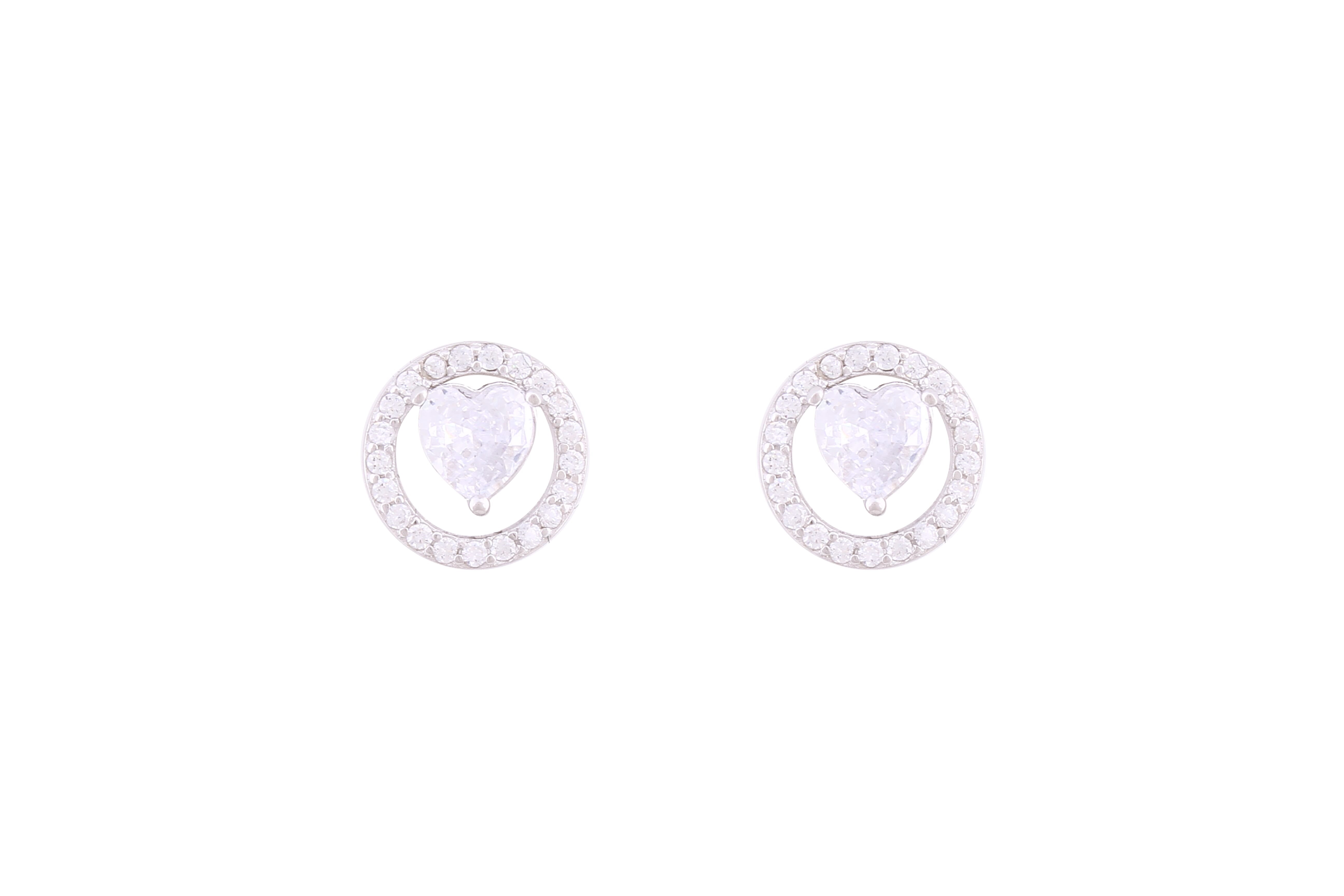 Asfour Crystal Stud Earrings With Round & Heart Zircon Stones In 925 Sterling Silver ED0097