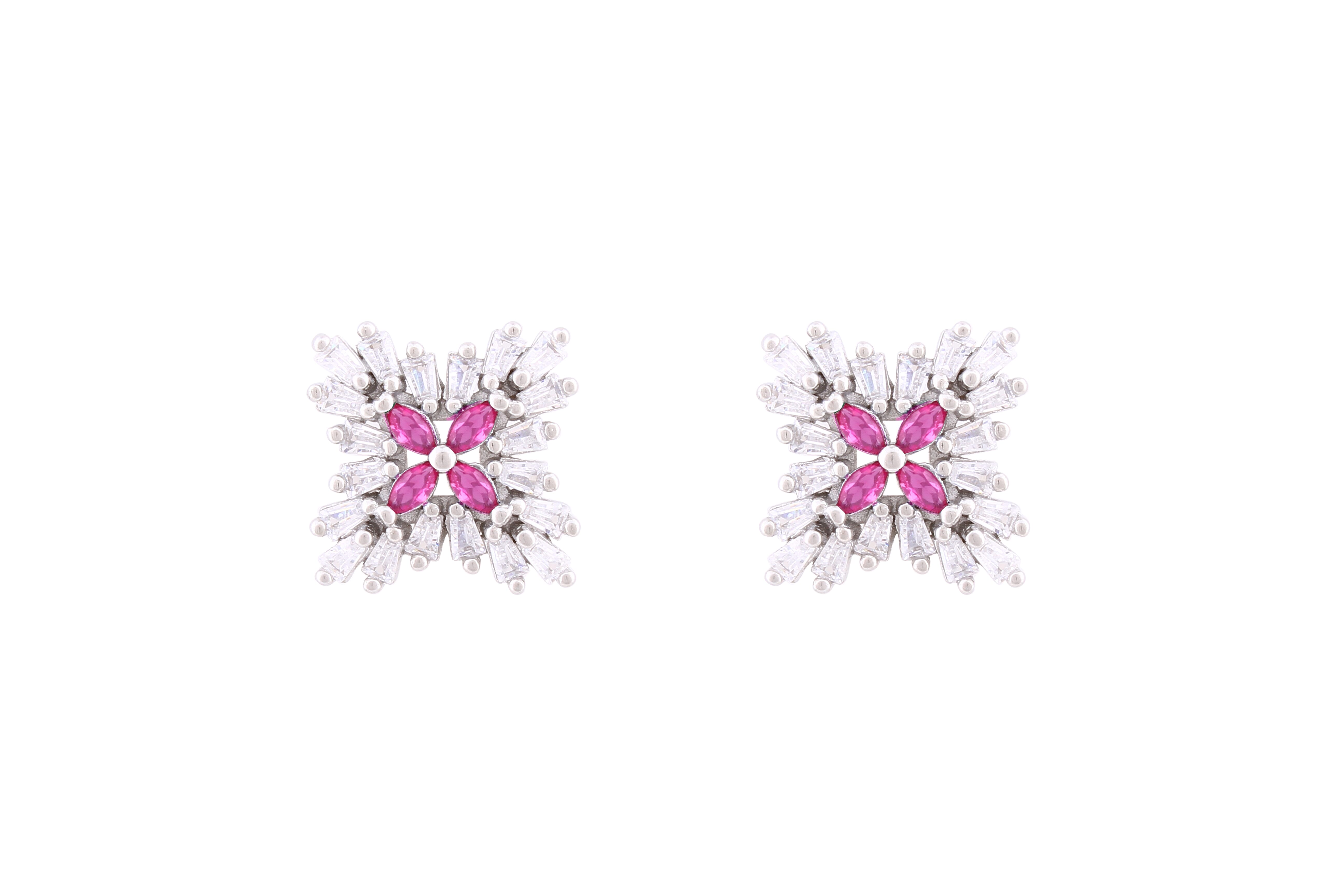 Asfour Crystal Stud Earrings With Fuchsia Flower Design In 925 Sterling Silver ED0099-WF