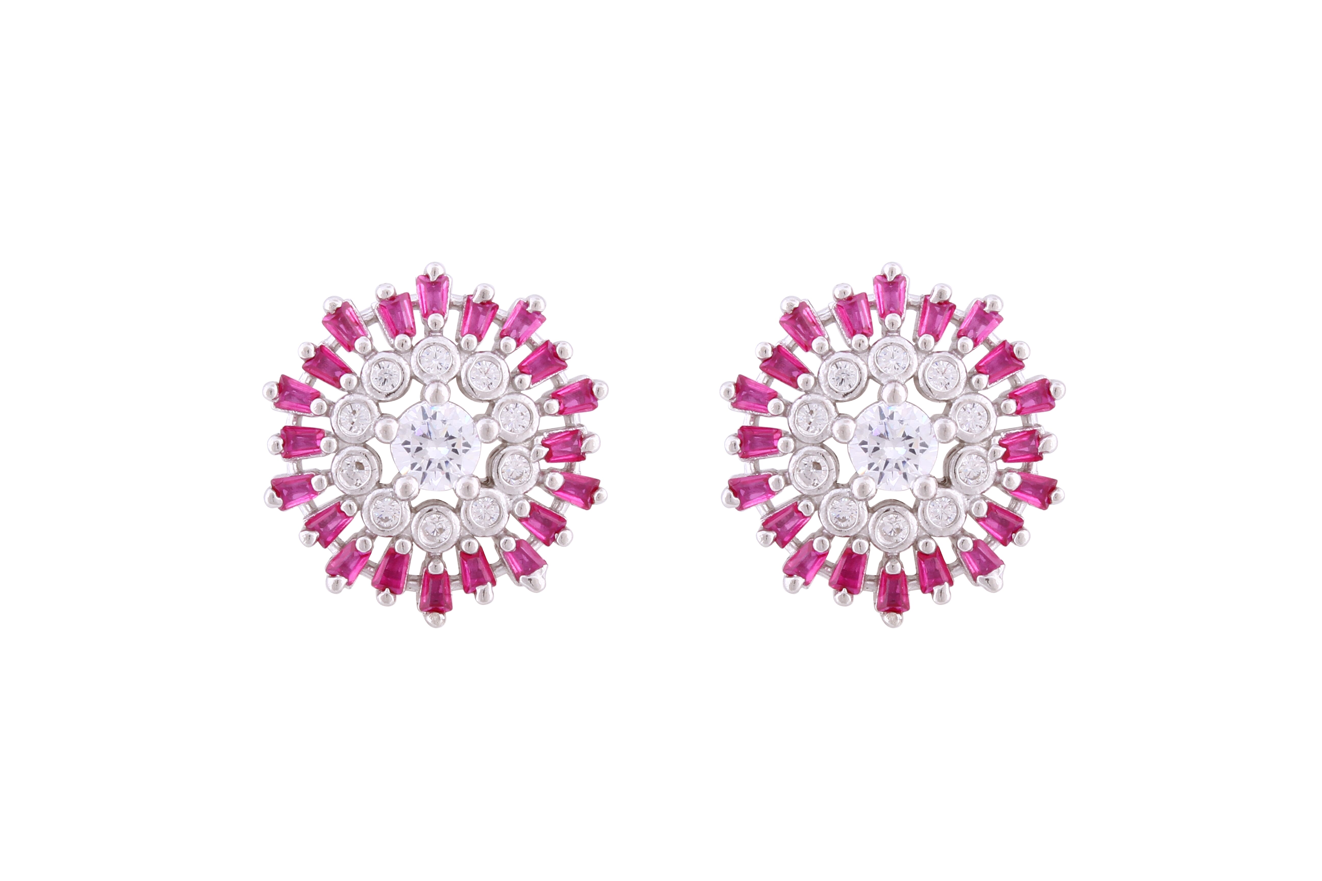 Asfour Crystal Stud Earrings With Fuchsia Round Design In 925 Sterling Silver ED0100-WF