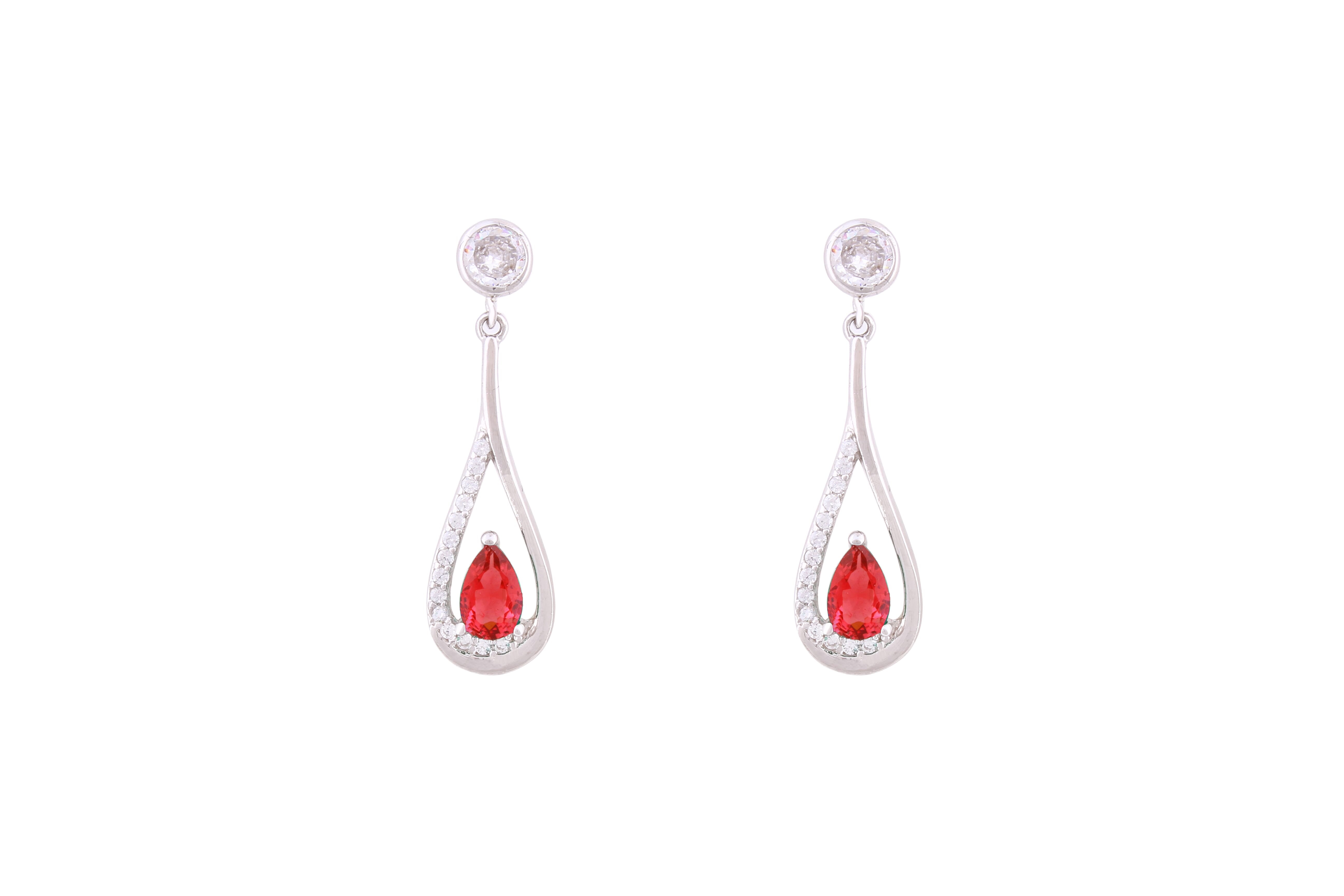Asfour Crystal Stud Earrings Inlaid With Pear Cut Fuchsia Zircon In 925 Sterling Silver ED0108-WF