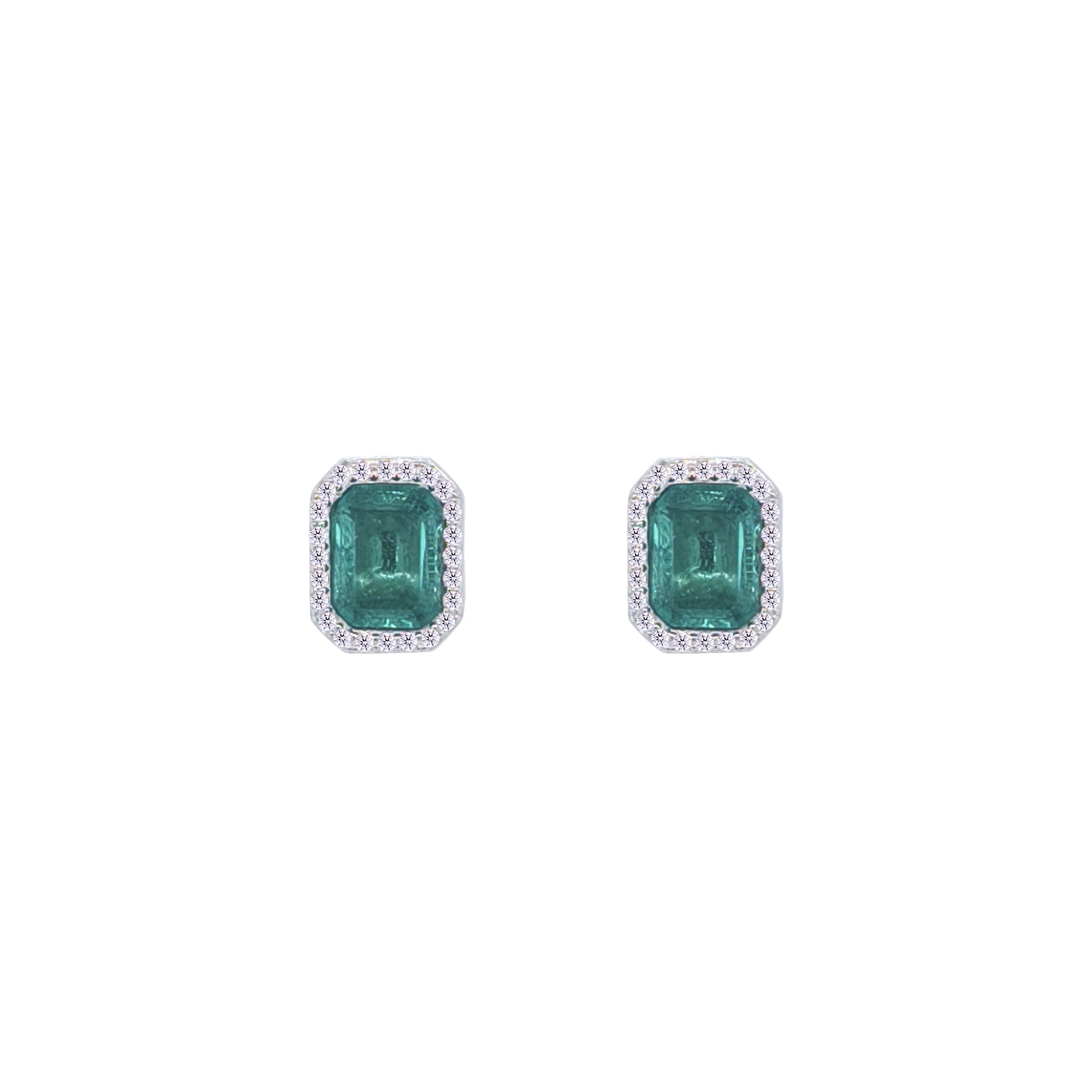 Asfour Crystal Hoop Earrings With Halo Turquoise Round Stone In 925 Sterling Silver-ED0124-GC