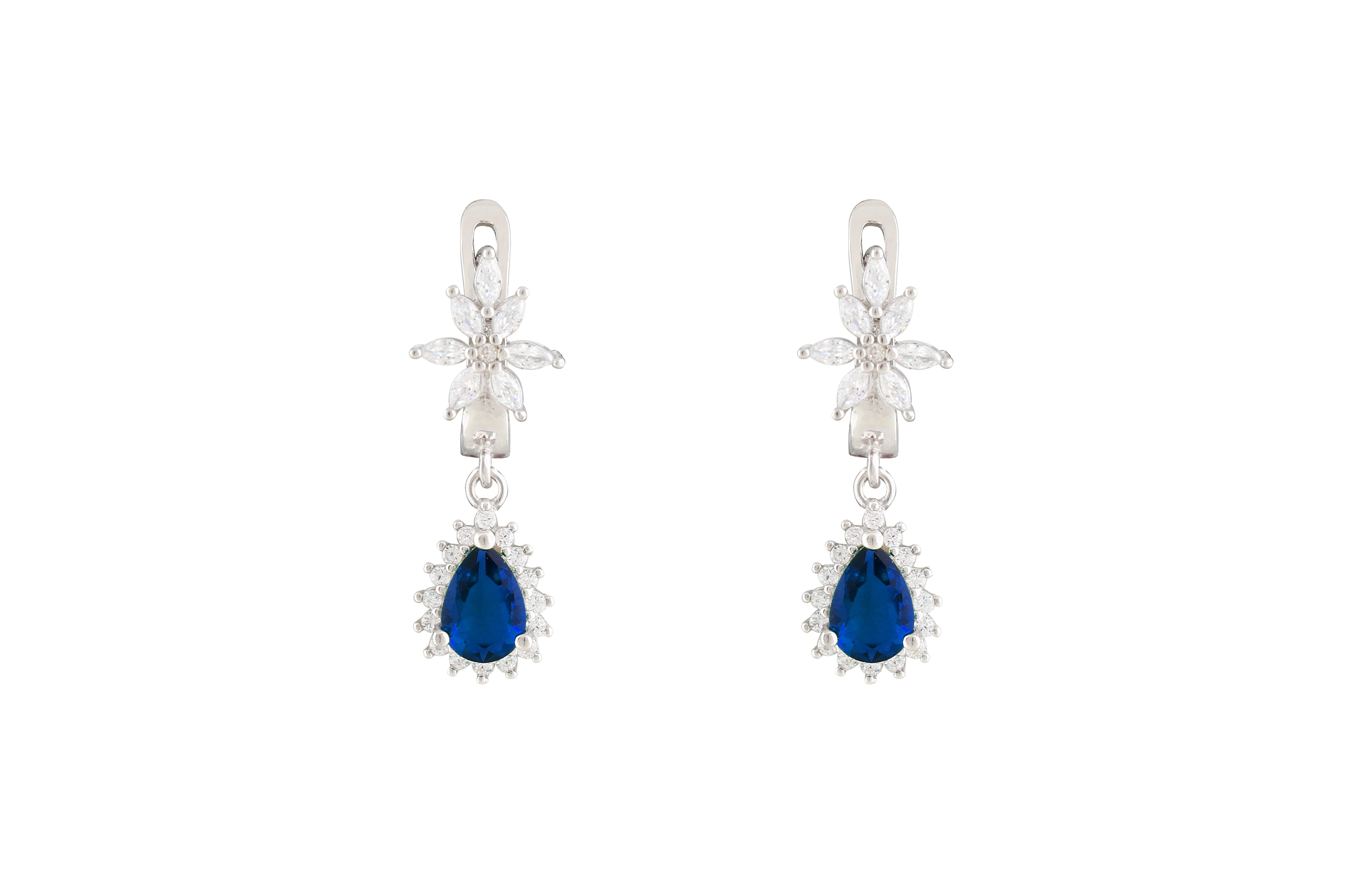 Asfour Crystal Drop Earrings With Blue Pear Design In 925 Sterling Silver ER0436-WB