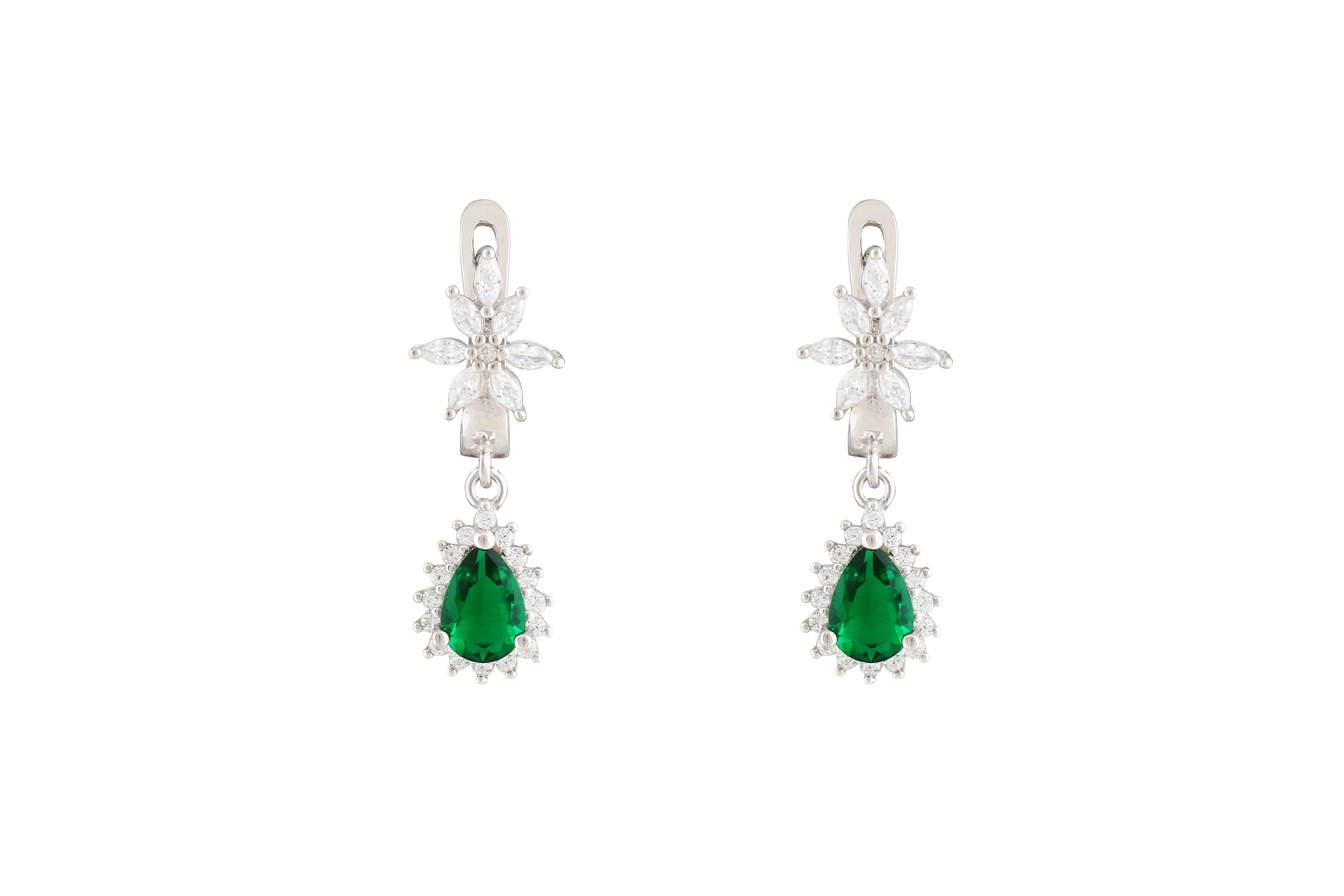Asfour Crystal Drop Earrings With Green Pear Design In 925 Sterling Silver ER0436-WG