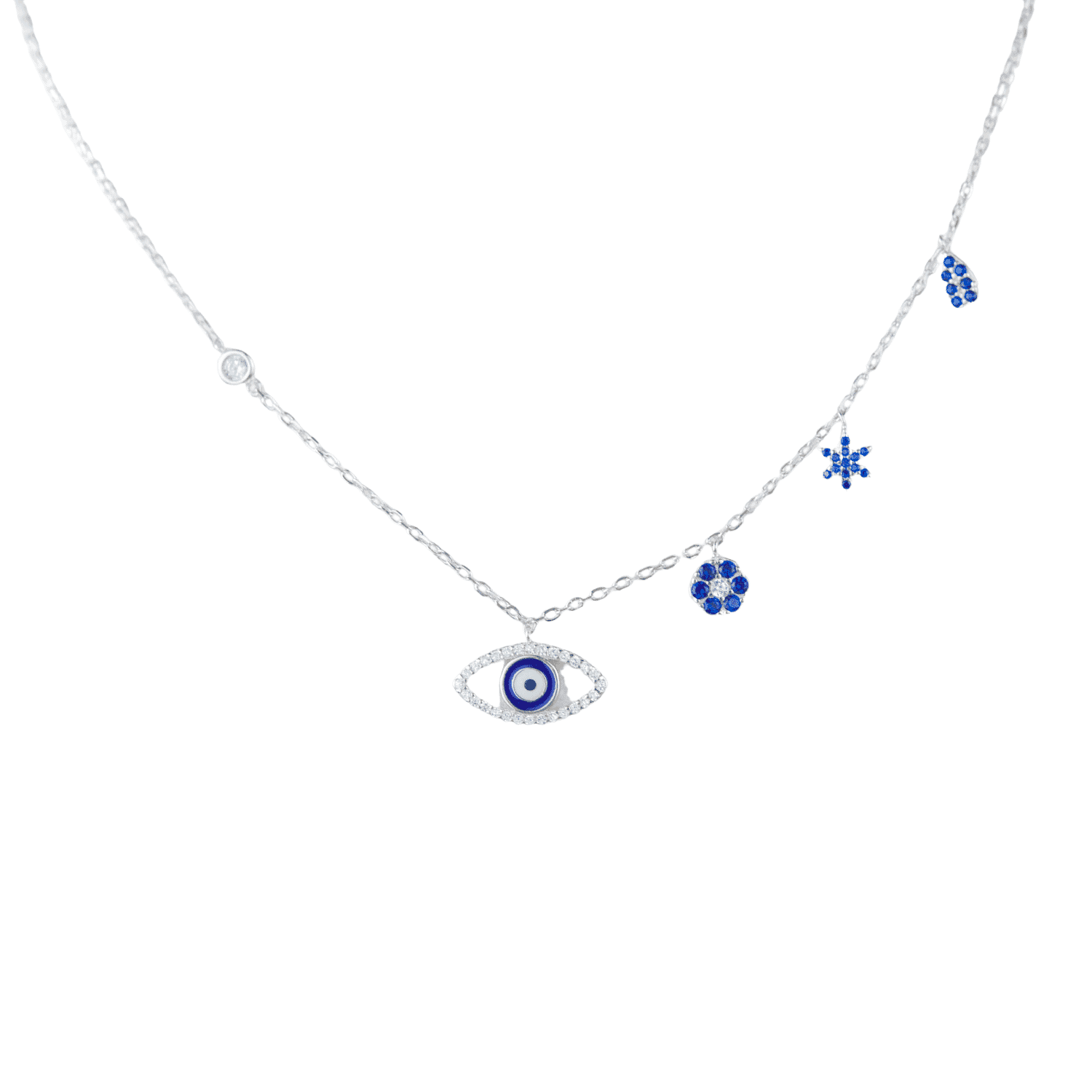 Asfour Zircon +Enamel Oval+Rounded Shape 925 Sterling Silver Necklace,Blue+Clear