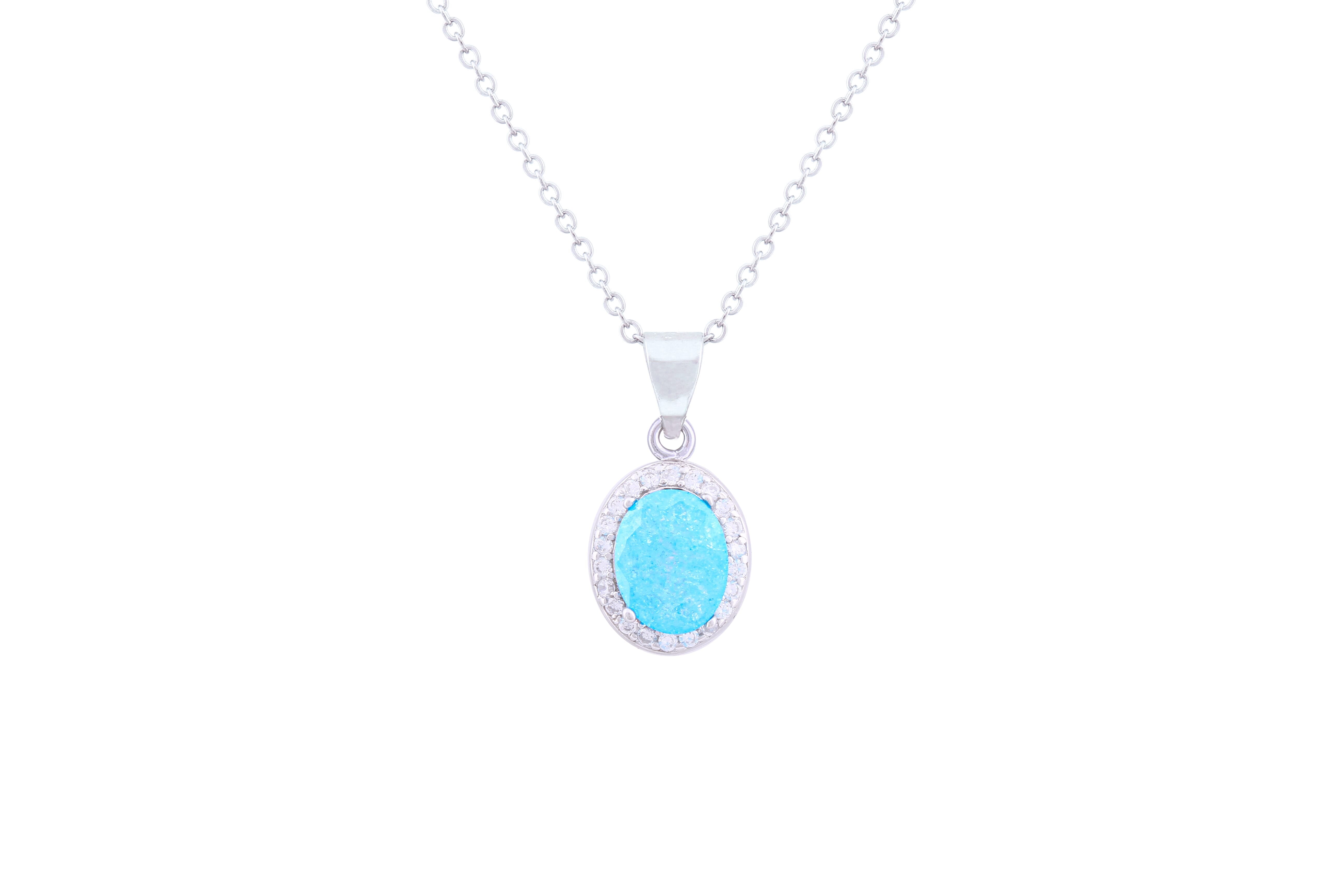 Asfour Crystal Chain Necklace With Aquamarine Oval Pendant In 925 Sterling Silver ND0095-M-A