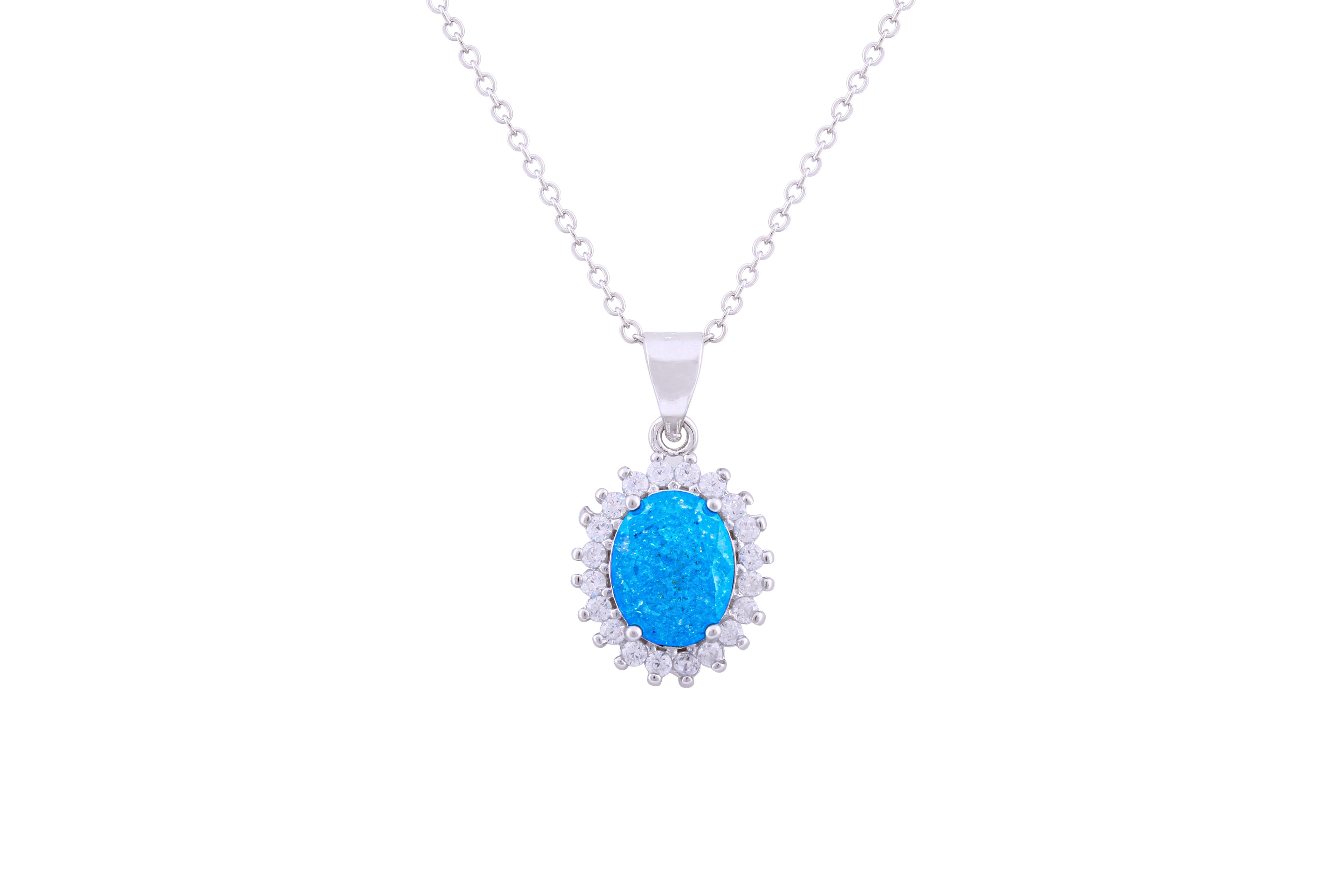 Asfour Crystal Chain Necklace With Aquamarine Oval Pendant In 925 Sterling Silver ND0111-M-A