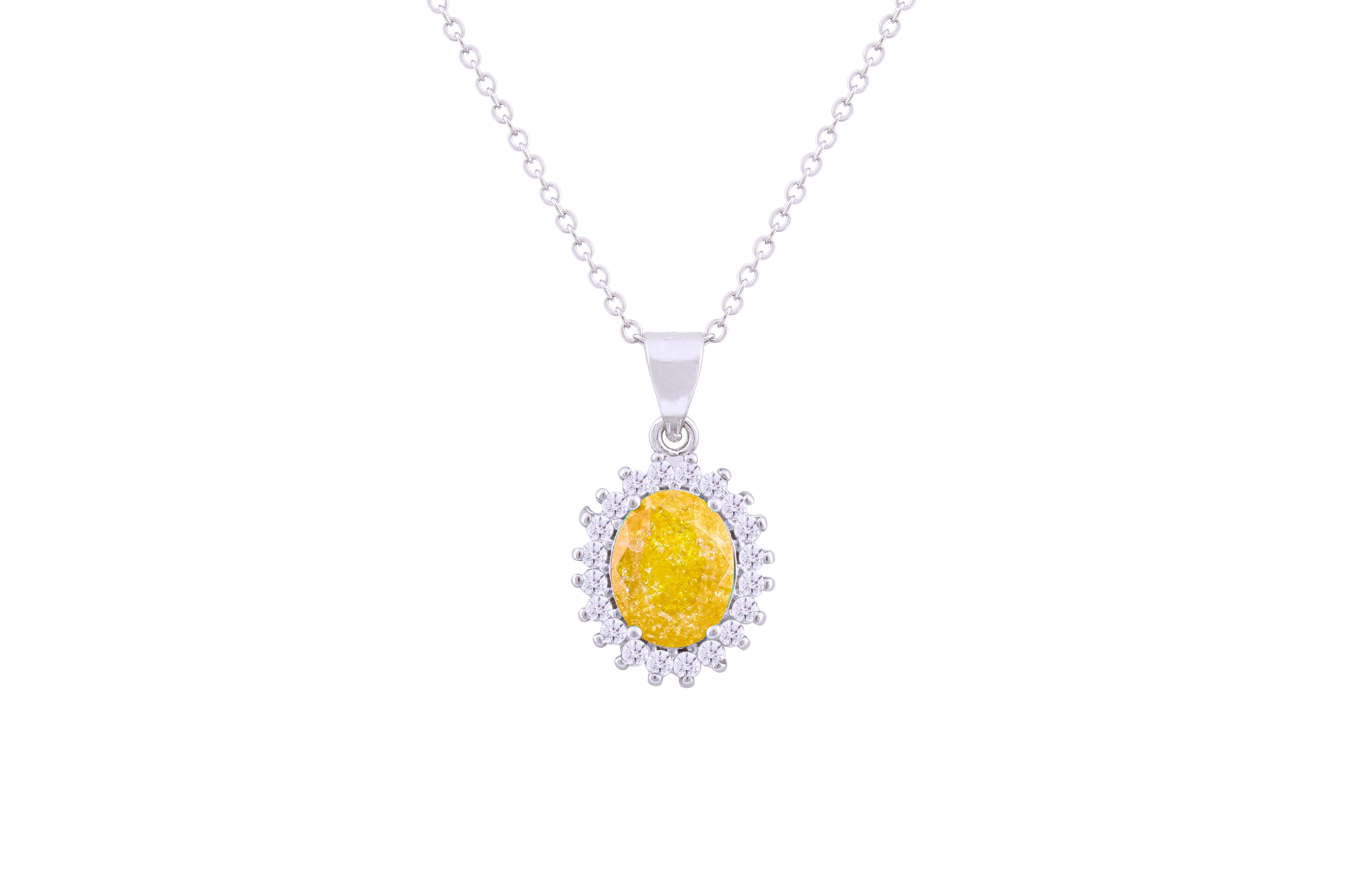 Asfour Crystal Chain Necklace With Yellow Oval Pendant In 925 Sterling Silver ND0111-Y-A