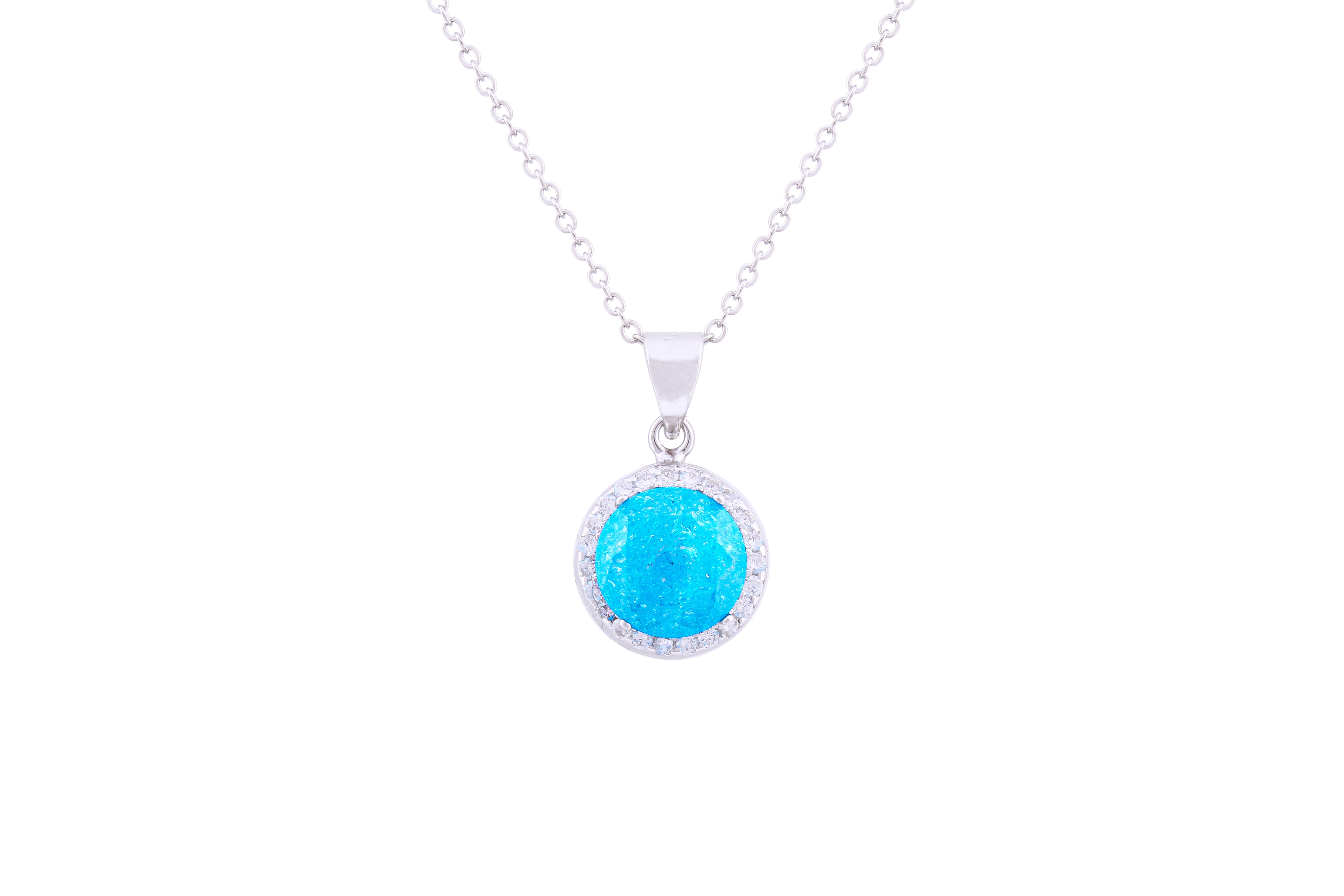 Asfour Crystal Chain Necklace With Aquamarine Round Pendant In 925 Sterling Silver ND0114-M-A