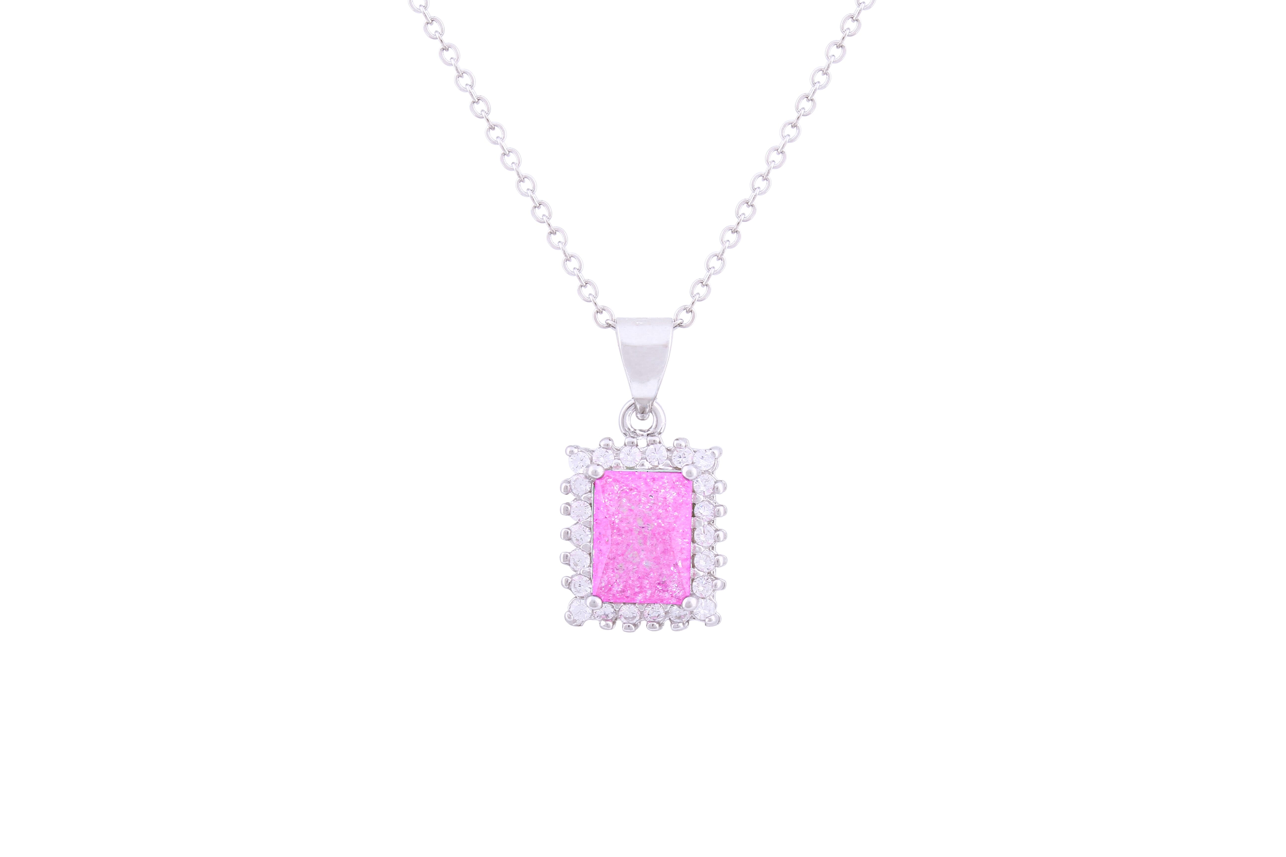 Asfour Crystal Chain Necklace With Emerald Cut Rose Pendant In 925 Sterling Silver ND0117-O-A