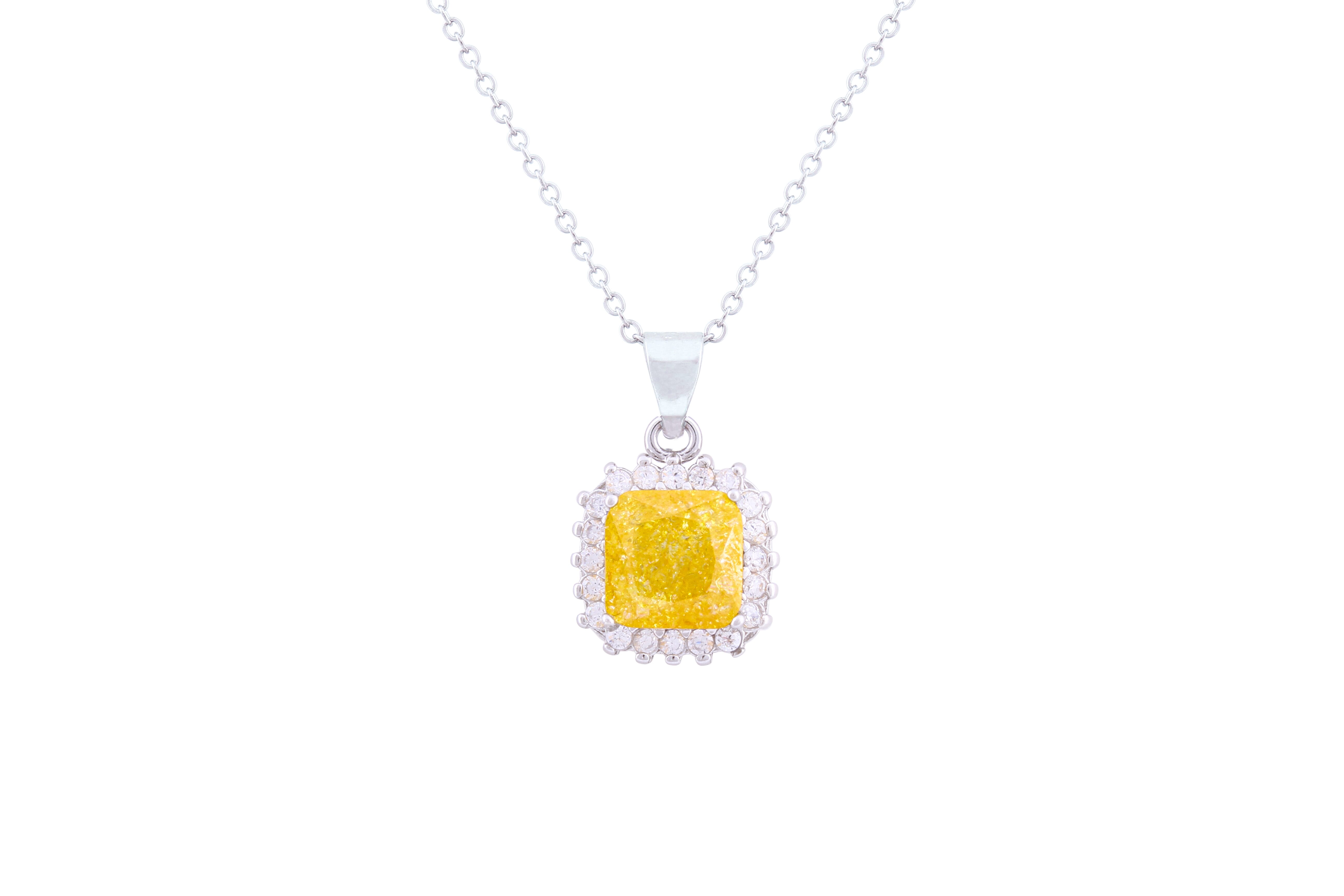 Asfour Crystal Chain Necklace With Cushion Cut Yellow Pendant In 925 Sterling Silver ND0118-Y-A