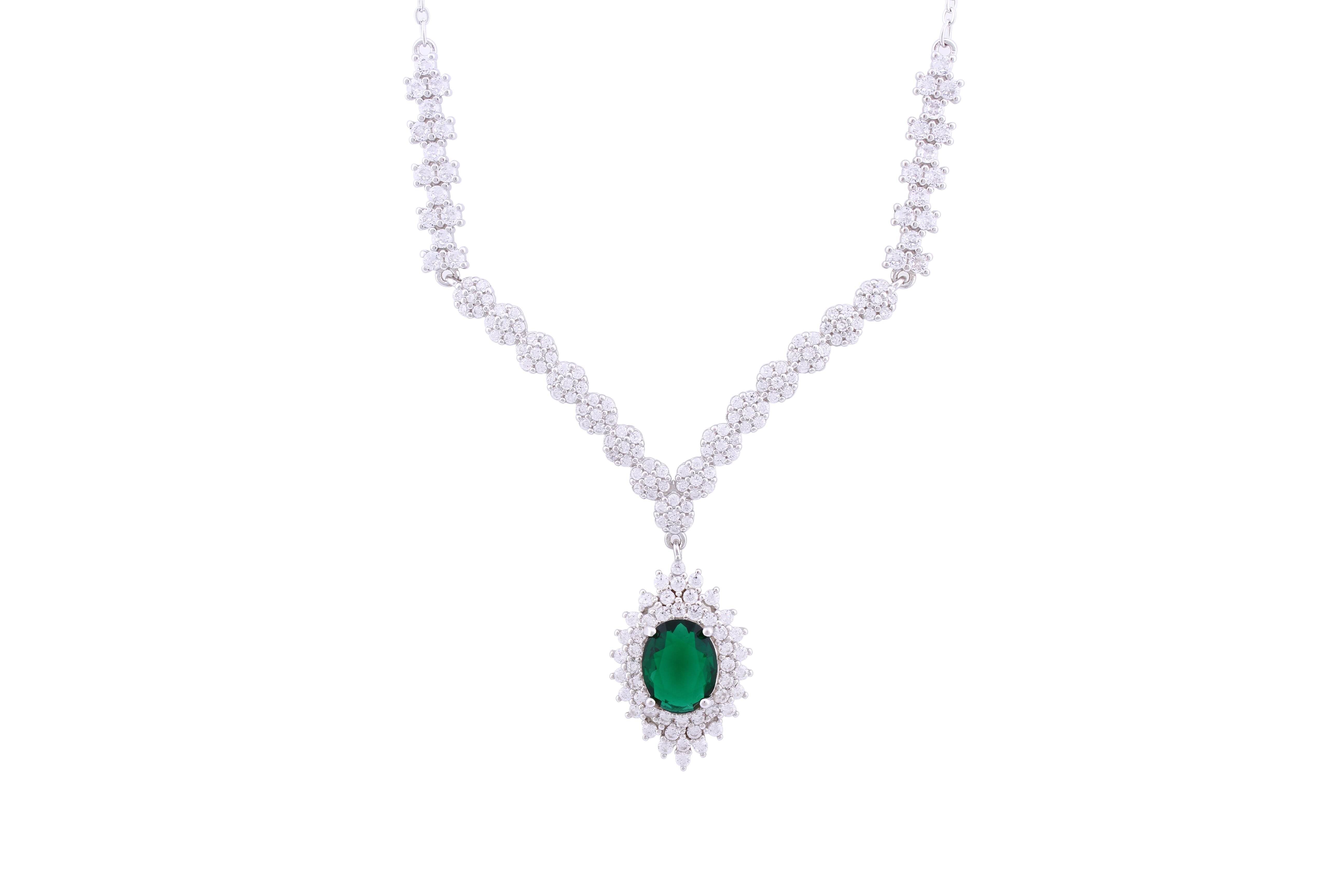 Asfour Crystal Chain Necklace With Emerald Cluster Zircon Stone In 925 Sterling Silver ND0181-WG