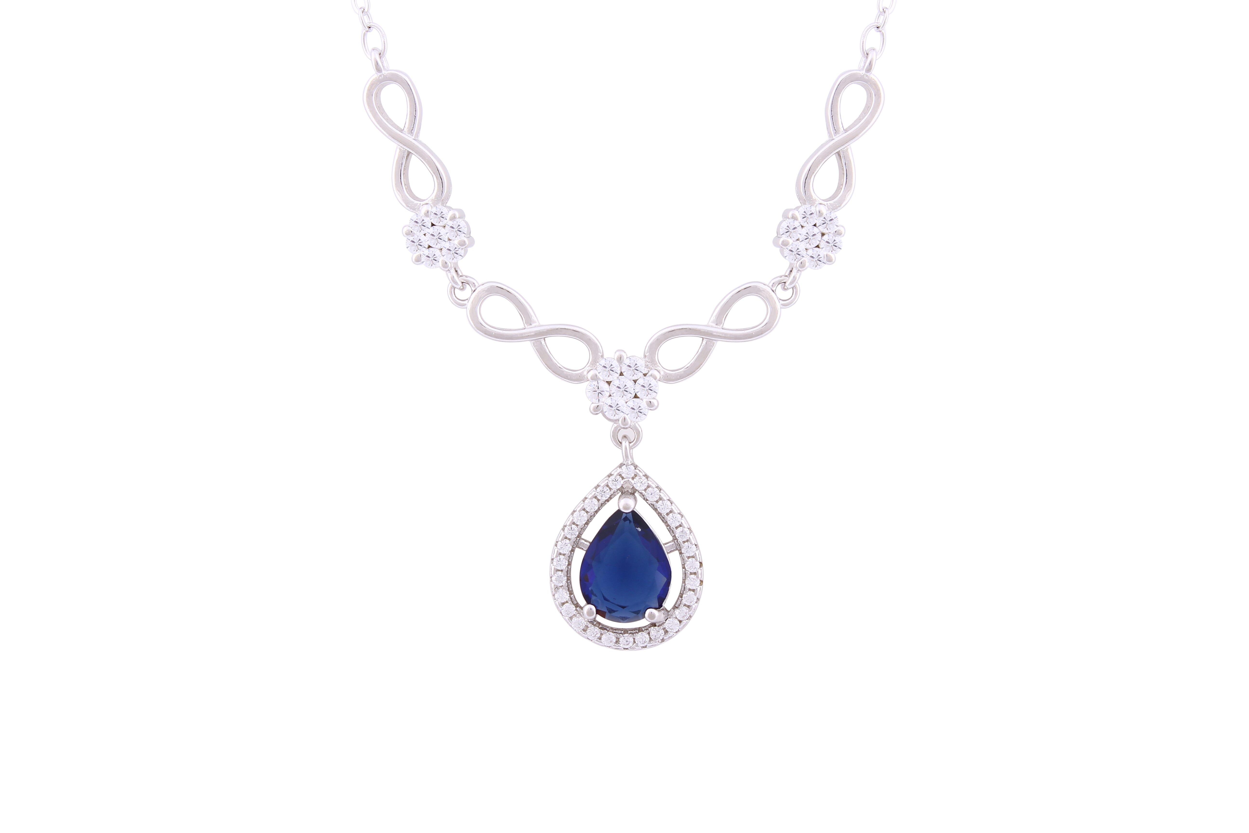 Asfour Crystal Chian Necklace With Infinity & Blue Pear Design In 925 Sterling Silver ND0185-WB