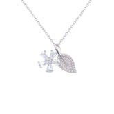 Asfour Crystal Chain Necklace With Flower & Leaf Pendant In 925 Sterling Silver-ND0332