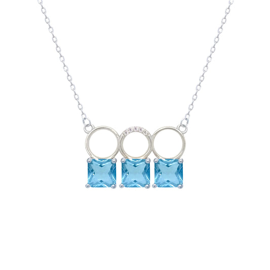 Asfour Crystal Chain Necklace With Three Aquamarine Square Design In 925 Sterling Silver-ND0445-M