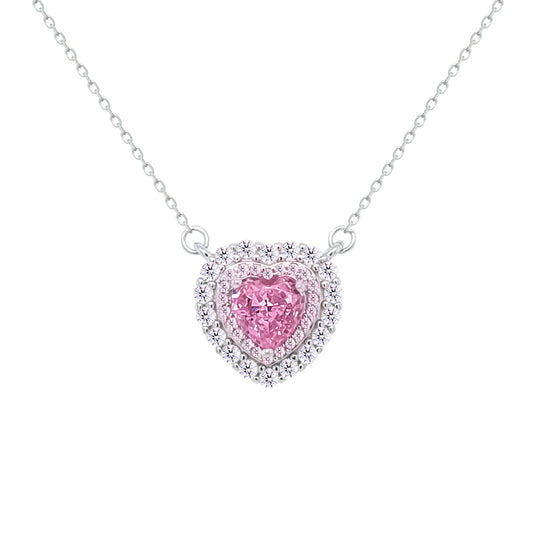 Asfour Crystal Chain Necklace With Halo Rose Heart Pendant In 925 Sterling Silver-ND0551-WO