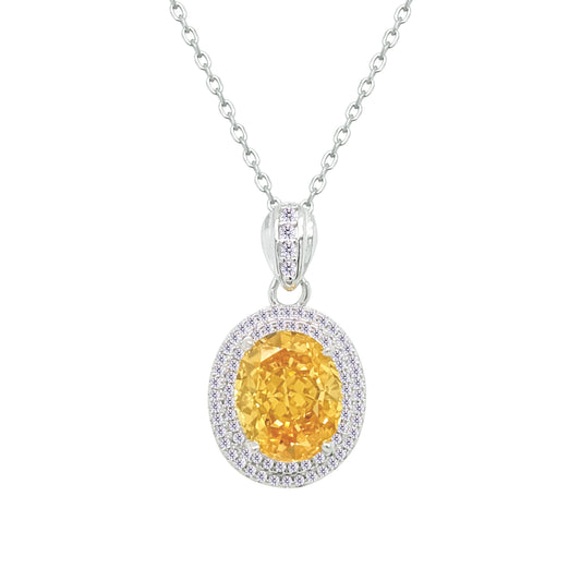 Asfour Crystal Chain Necklace With Halo Yellow Oval Pendant In 925 Sterling Silver-ND0563-Y