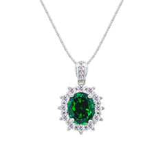 Asfour Crystal Box Chain Necklace With Halo Emerald Oval Pendant In 925 Sterling Silver-ND0564-G2