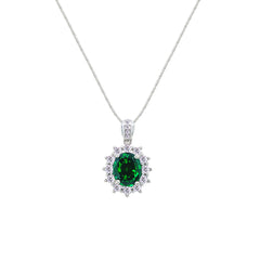 Asfour Crystal Box Chain Necklace With Halo Emerald Oval Pendant In 925 Sterling Silver-ND0564-G2