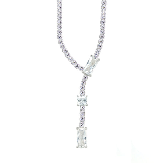 Asfour Crystal Tennis Necklace With Round & Emerald Stones In 925 Sterling Silver-ND0583