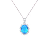 Asfour Crystal Box Chain Necklace With Halo Aquamarine Oval Pendant In 925 Sterling Silver-NM0034-M