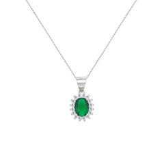 Asfour Creations Box Chain Necklace With Halo Emerald Oval Pendant In 925 Sterling Silver – NM0035-G