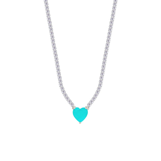 Asfour Crystal Tennis Necklace With Turquoise Heart Stone In 925 Sterling Silver-NM0075-WGC