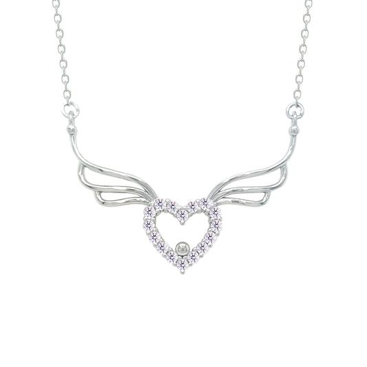 Asfour Crystal Chain Necklace With Angel Wings Heart Pendant In 925 Sterling Silver-NM0077