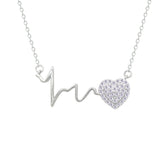 Asfour Crystal Chain Necklace With Heart & Heartbeat Pendant In 925 Sterling Silver-NM0078