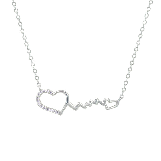 Asfour Crystal Chain Necklace With Hearts & Heartbeat Pendant In 925 Sterling Silver-NM0081